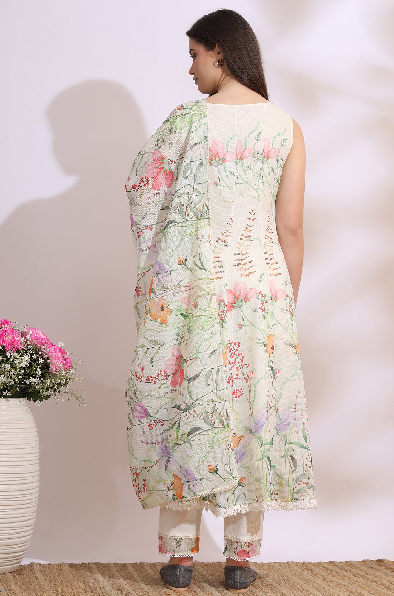 Cream Floral Printed Kota Sleeveless Anarkali Kurta, Pants and Dupatta Set