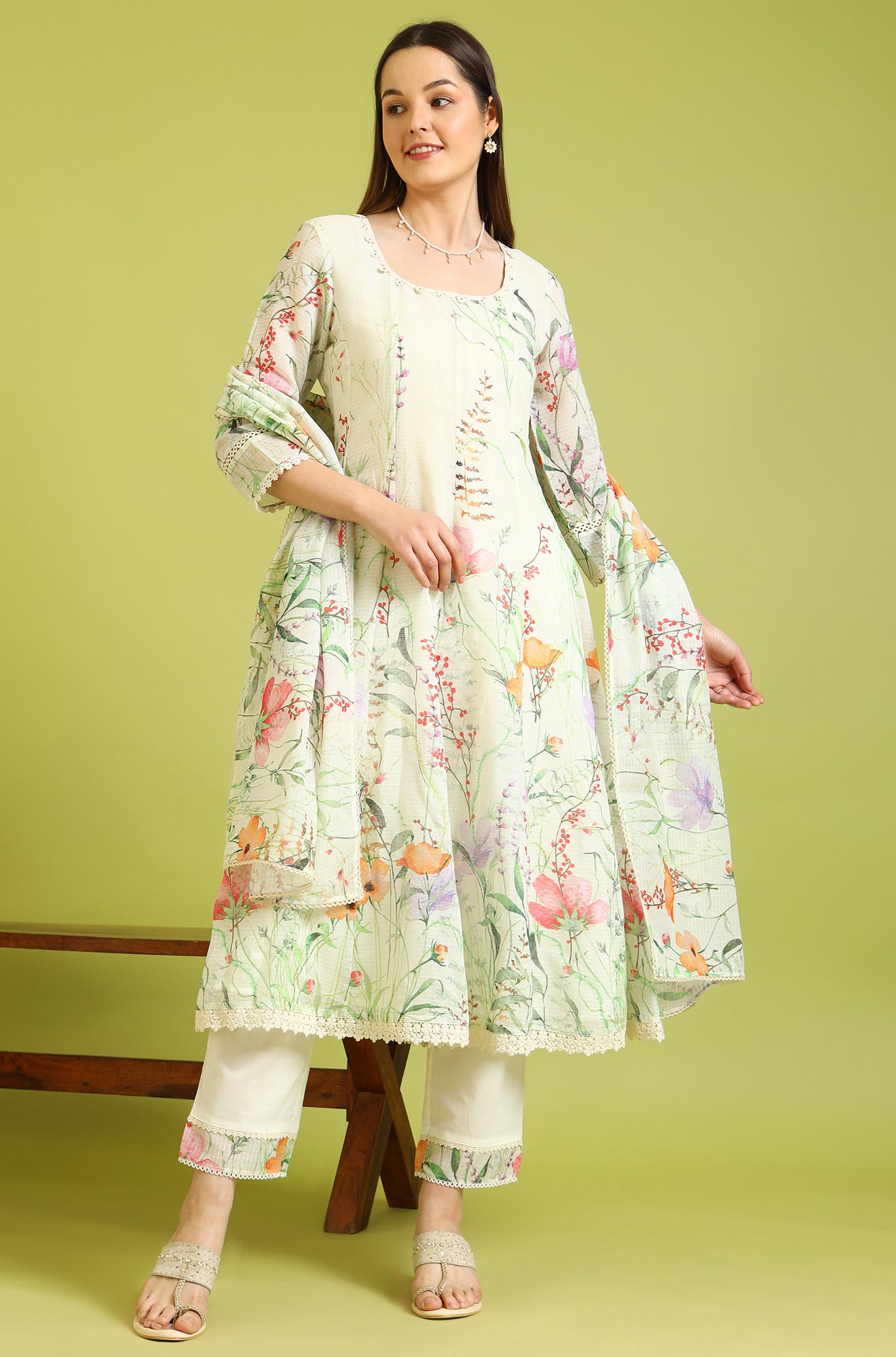 Cream Floral Printed Kota Anarkali Kurta, Pants and Dupatta Set