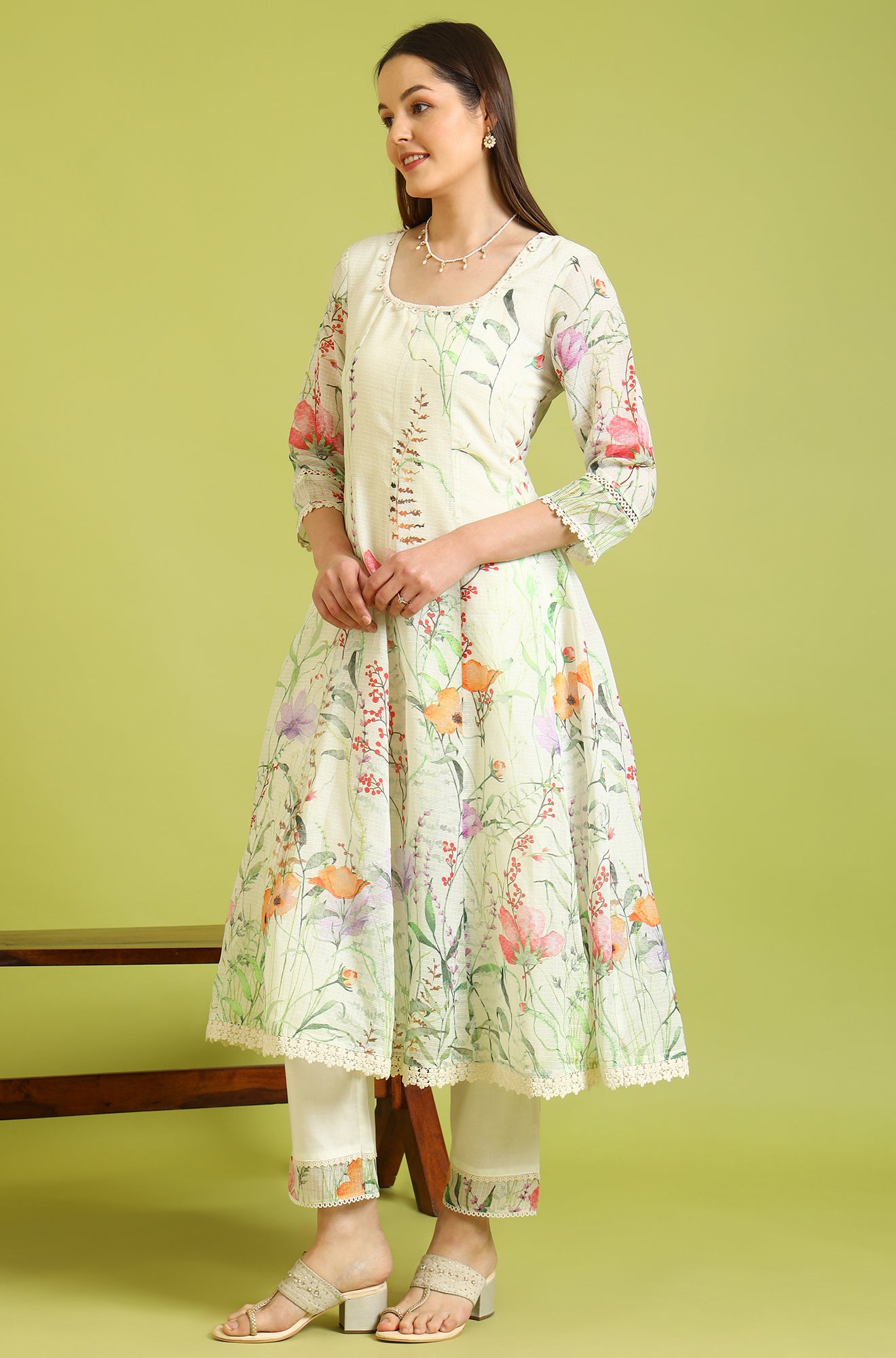 Cream Floral Printed Kota Anarkali Kurta, Pants and Dupatta Set