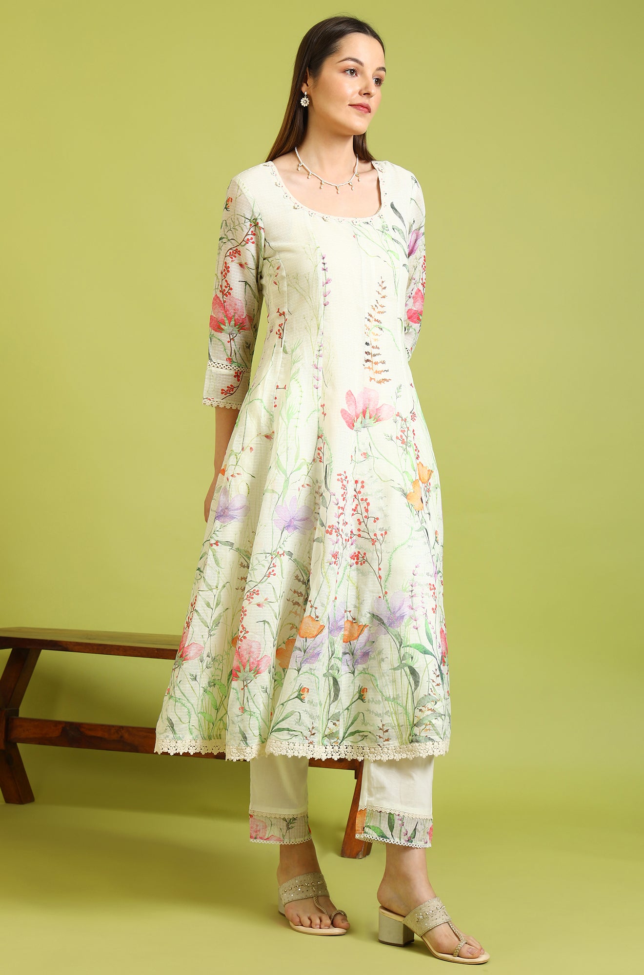 Cream Floral Printed Kota Anarkali Kurta, Pants and Dupatta Set