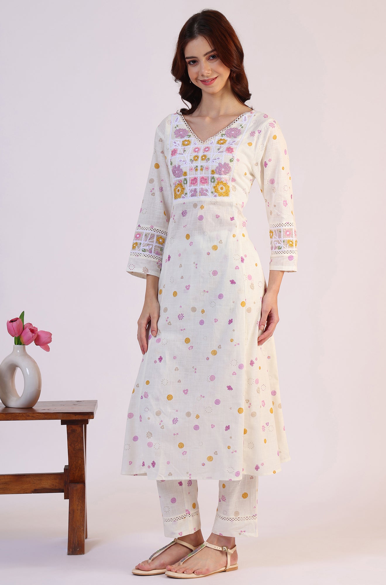 White Floral Printed Thread Work Flared Pure Cotton Kurta & Straight Pant With Dupatta Set