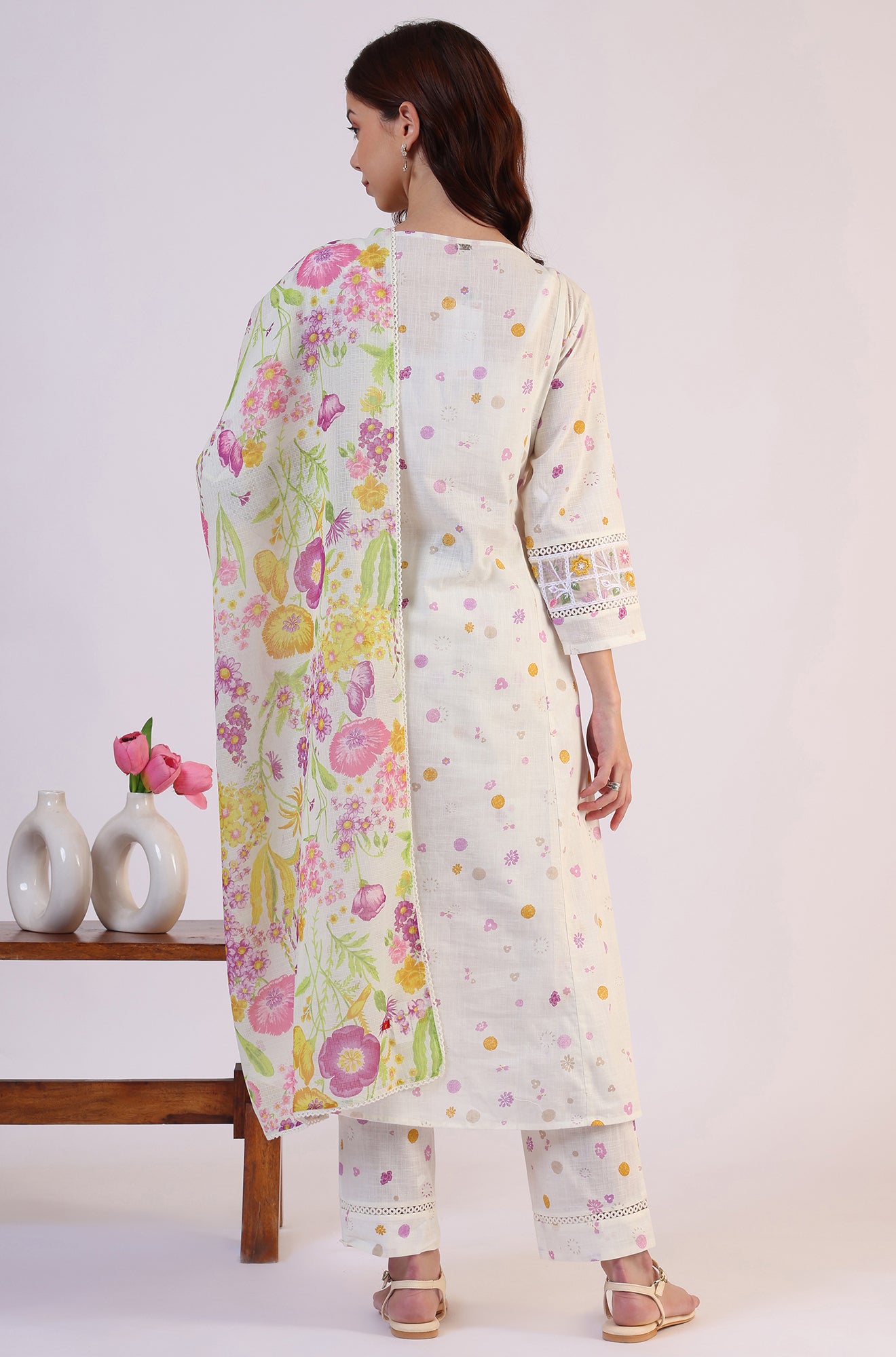 White Floral Printed Thread Work Flared Pure Cotton Kurta & Straight Pant With Dupatta Set