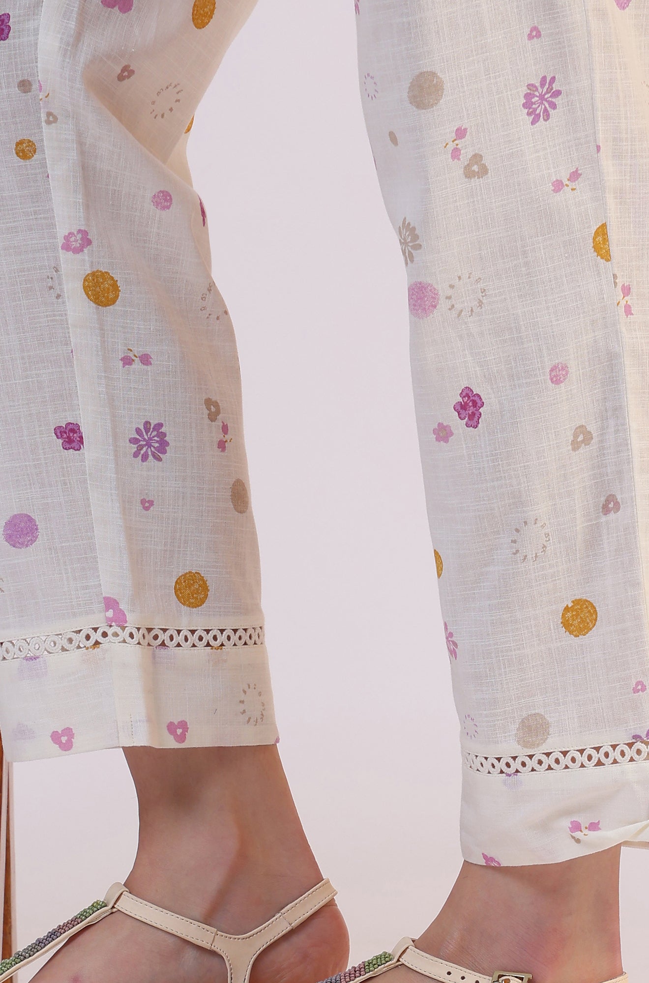 White Floral Printed Thread Work Flared Pure Cotton Kurta & Straight Pant With Dupatta Set