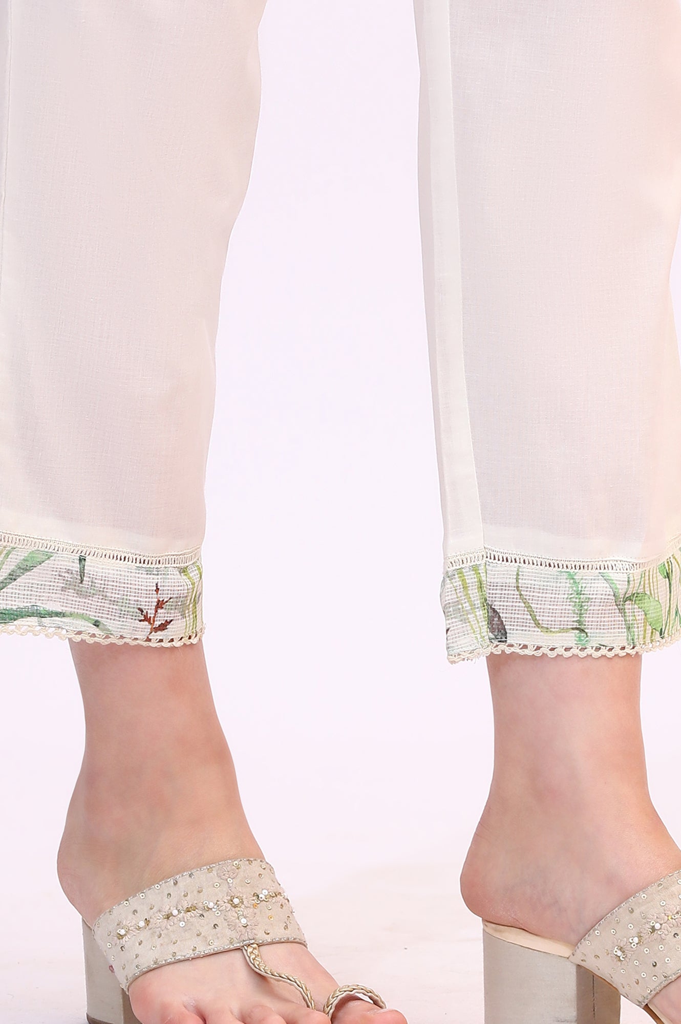 Cream Floral Printed Kota Straight Kurta, Pants and Dupatta Set