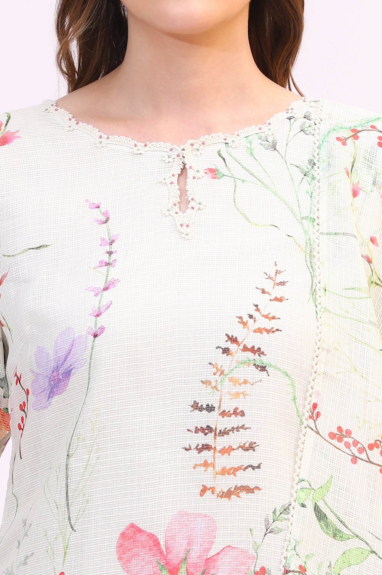 Cream Floral Printed Kota Straight Kurta, Pants and Dupatta Set