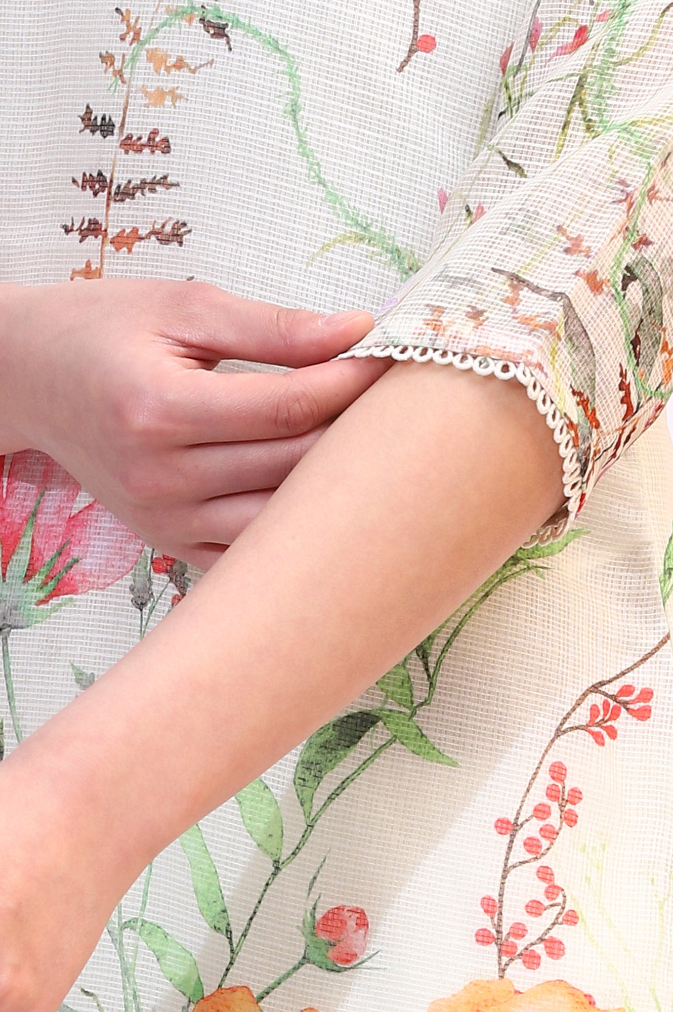 Cream Floral Printed Kota Straight Kurta, Pants and Dupatta Set