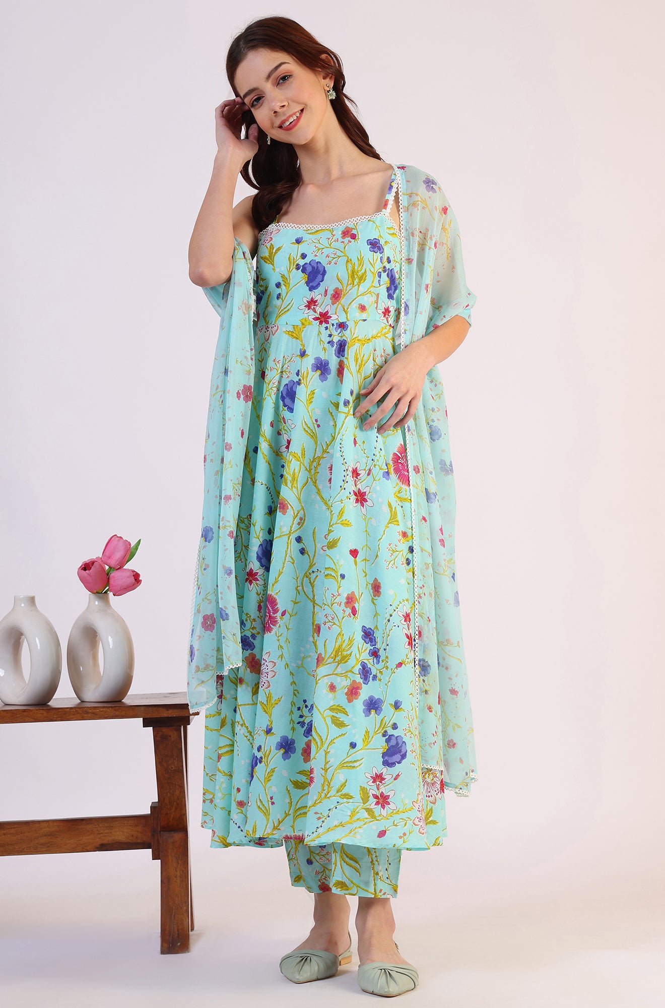 Floral Printed Lace Flared Pure Cotton Kurta & Straight Pant with Dupatta Set