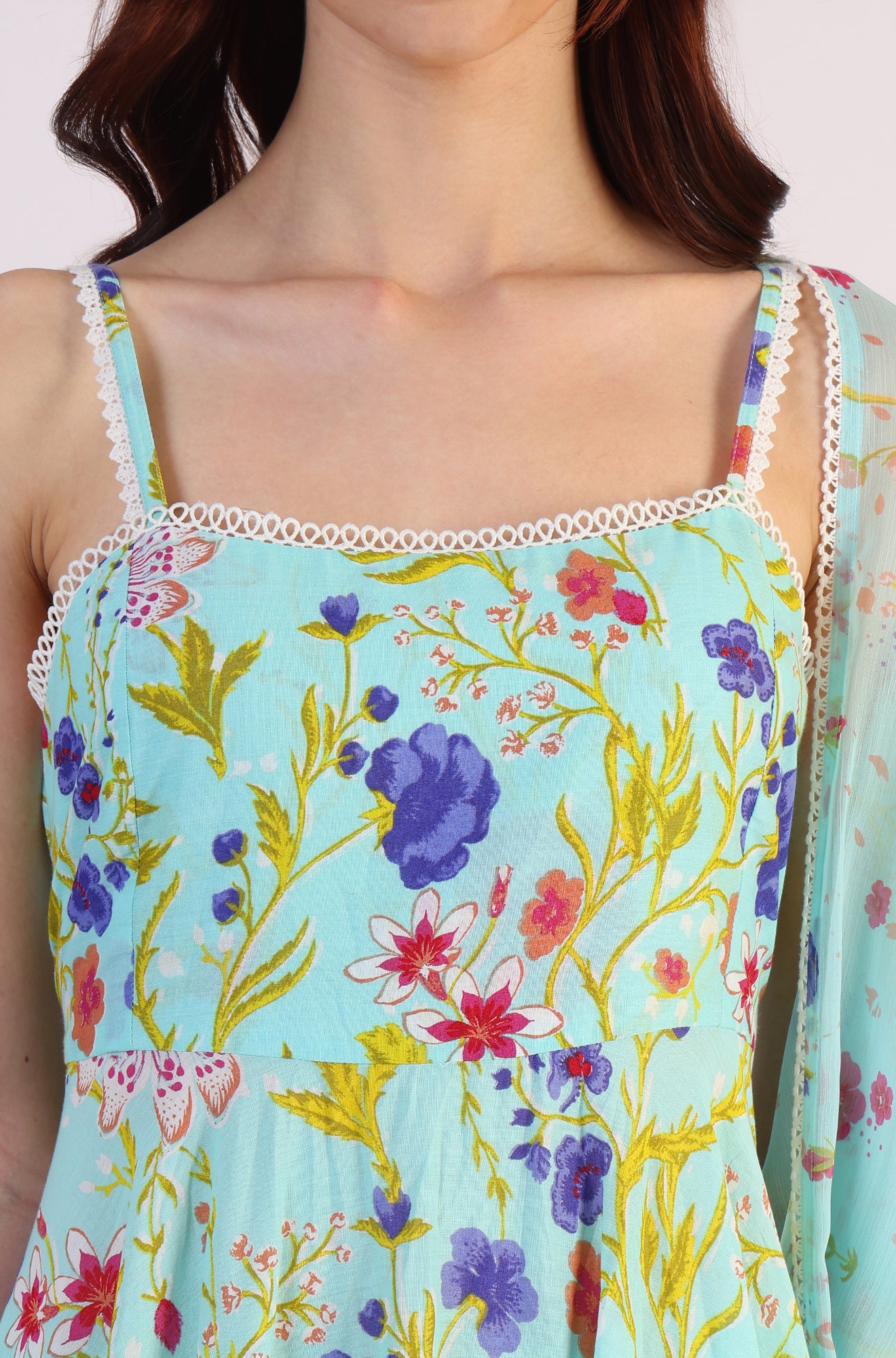 Floral Printed Lace Flared Pure Cotton Kurta & Straight Pant with Dupatta Set