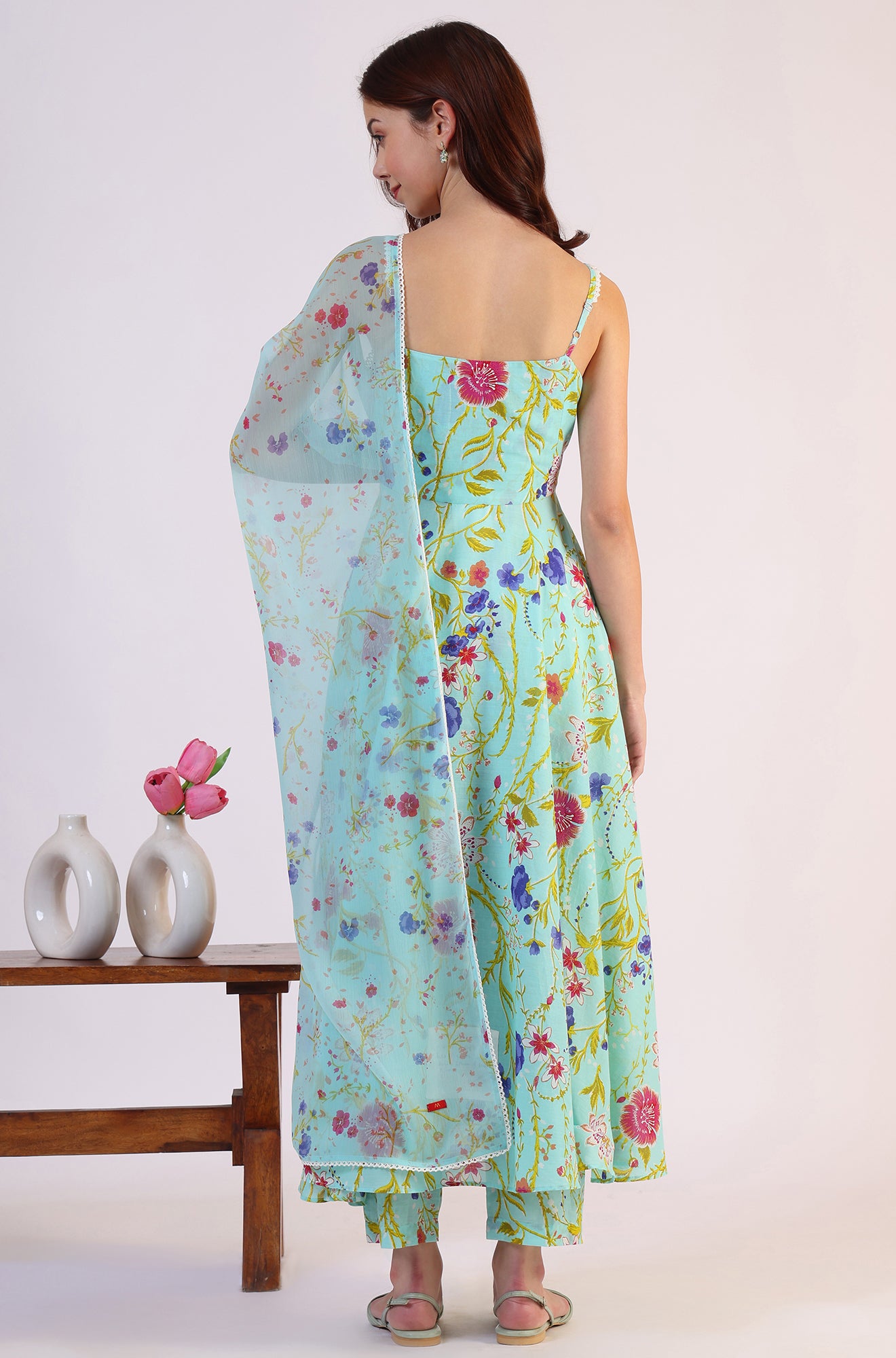 Floral Printed Lace Flared Pure Cotton Kurta & Straight Pant with Dupatta Set