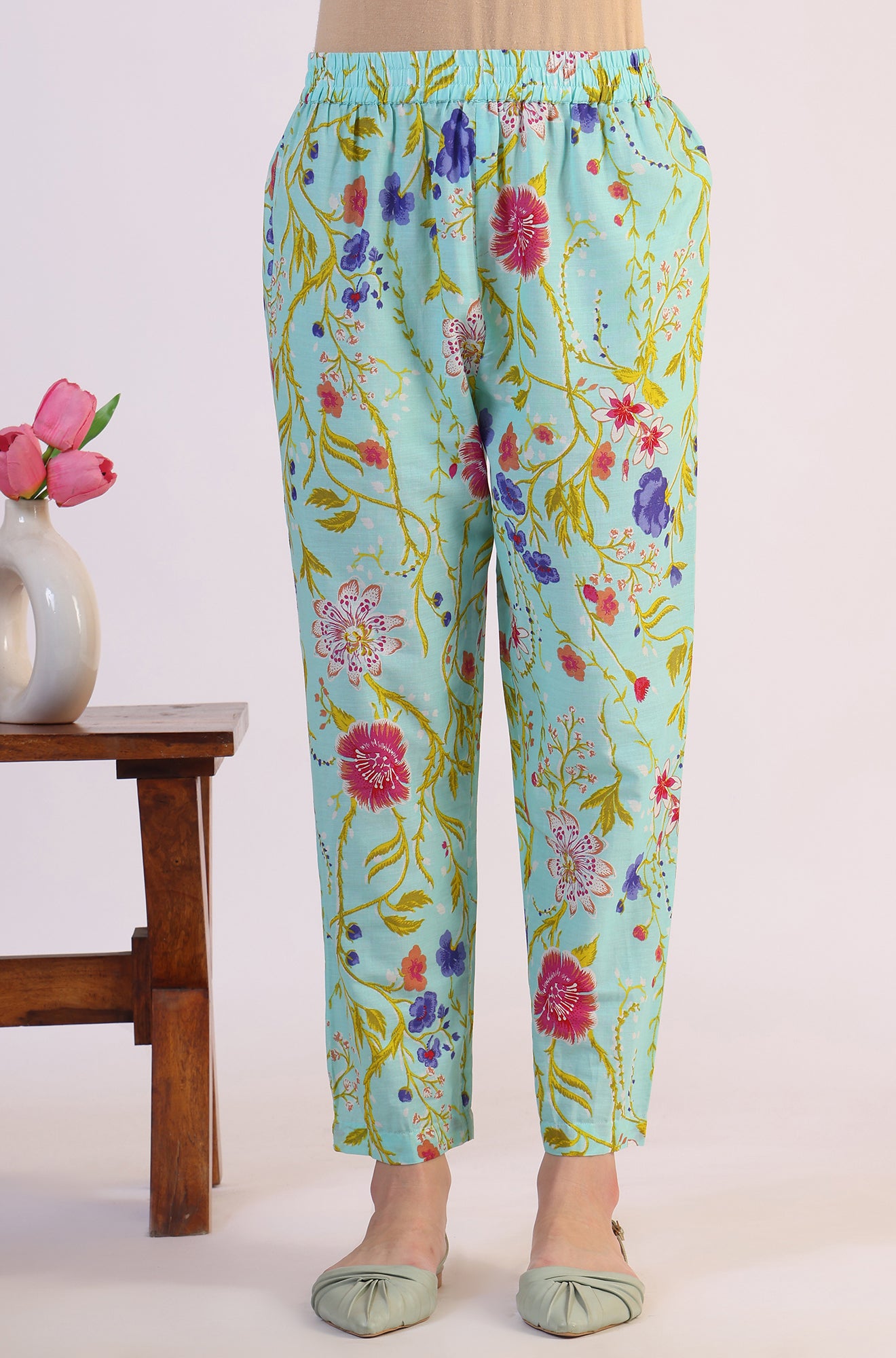 Floral Printed Lace Flared Pure Cotton Kurta & Straight Pant with Dupatta Set