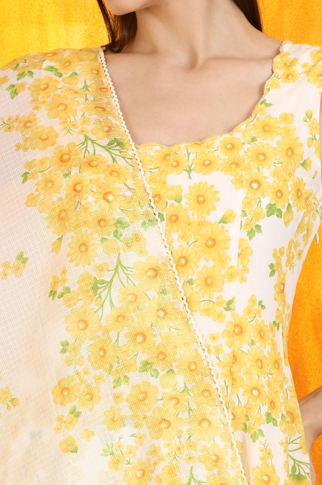 White and Yellow Sunflower Printed Pure Cotton Anarkali Kurta and Dupatta Set