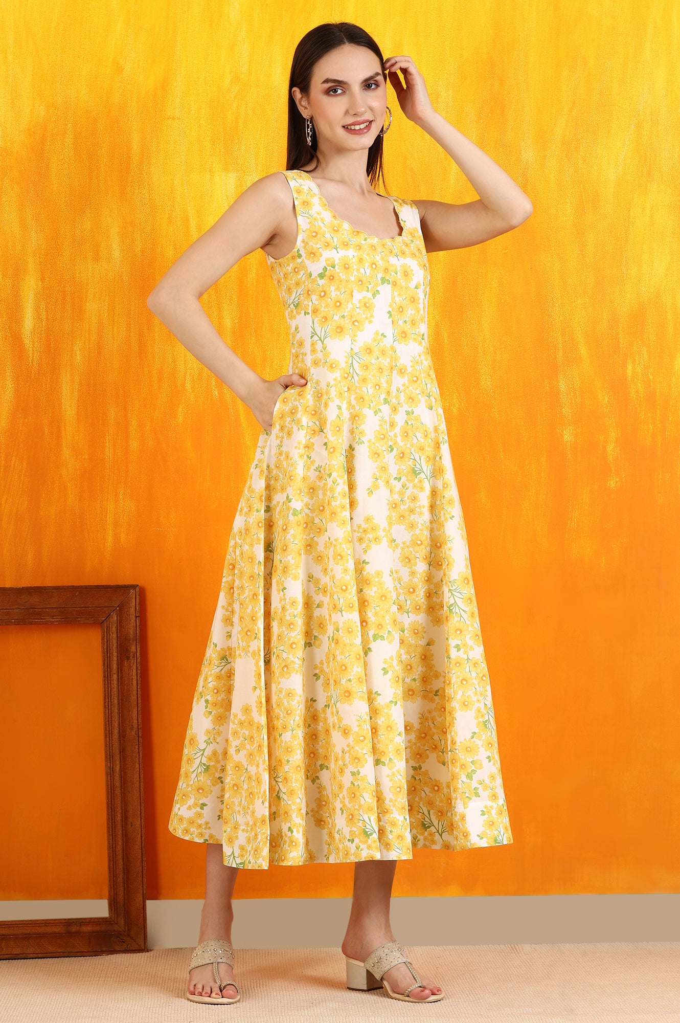 White and Yellow Sunflower Printed Pure Cotton Anarkali Kurta and Dupatta Set