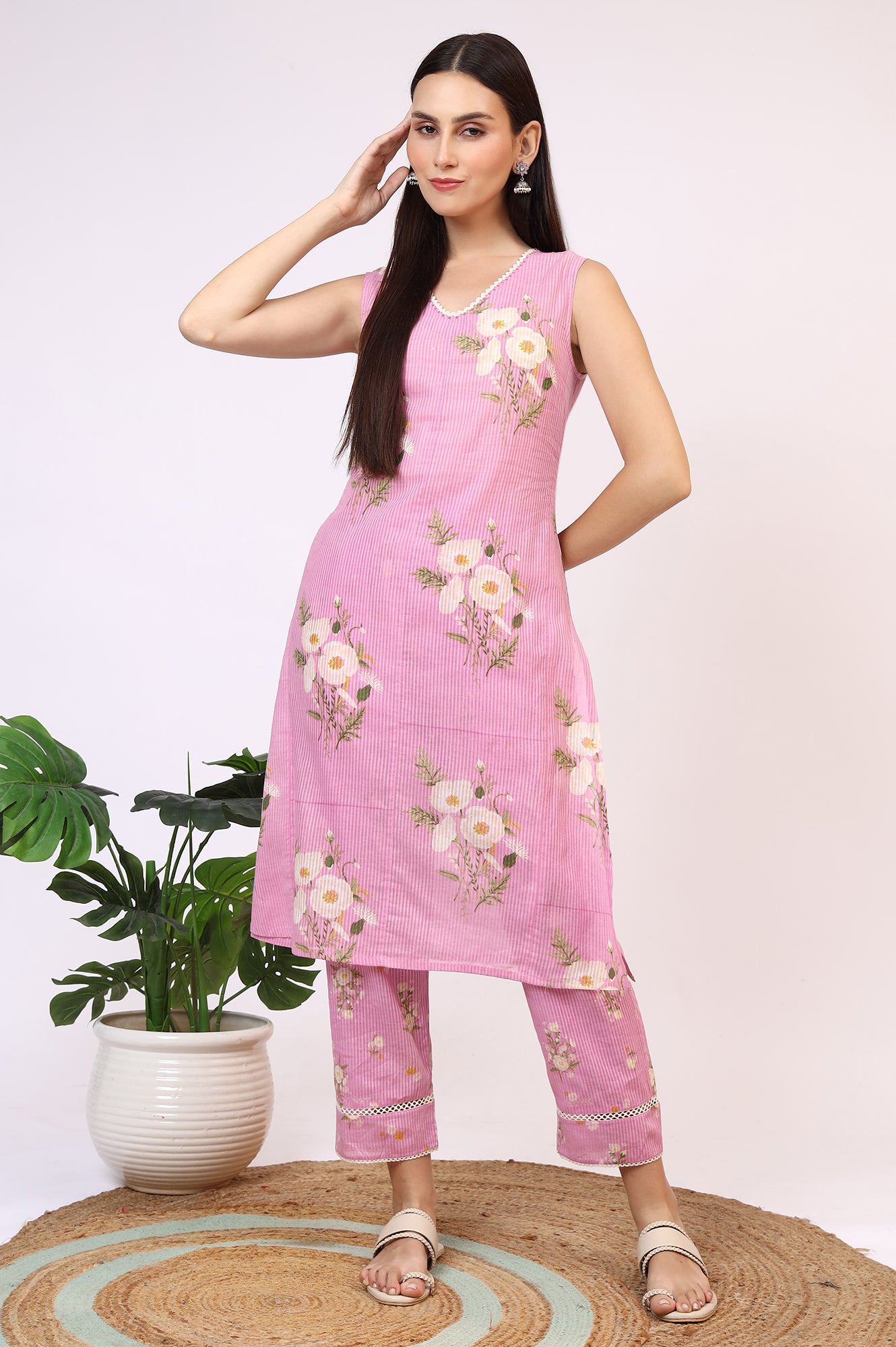 Lilac Floral Printed Pure Cotton Straight Kurta and Pants Co-ord Set