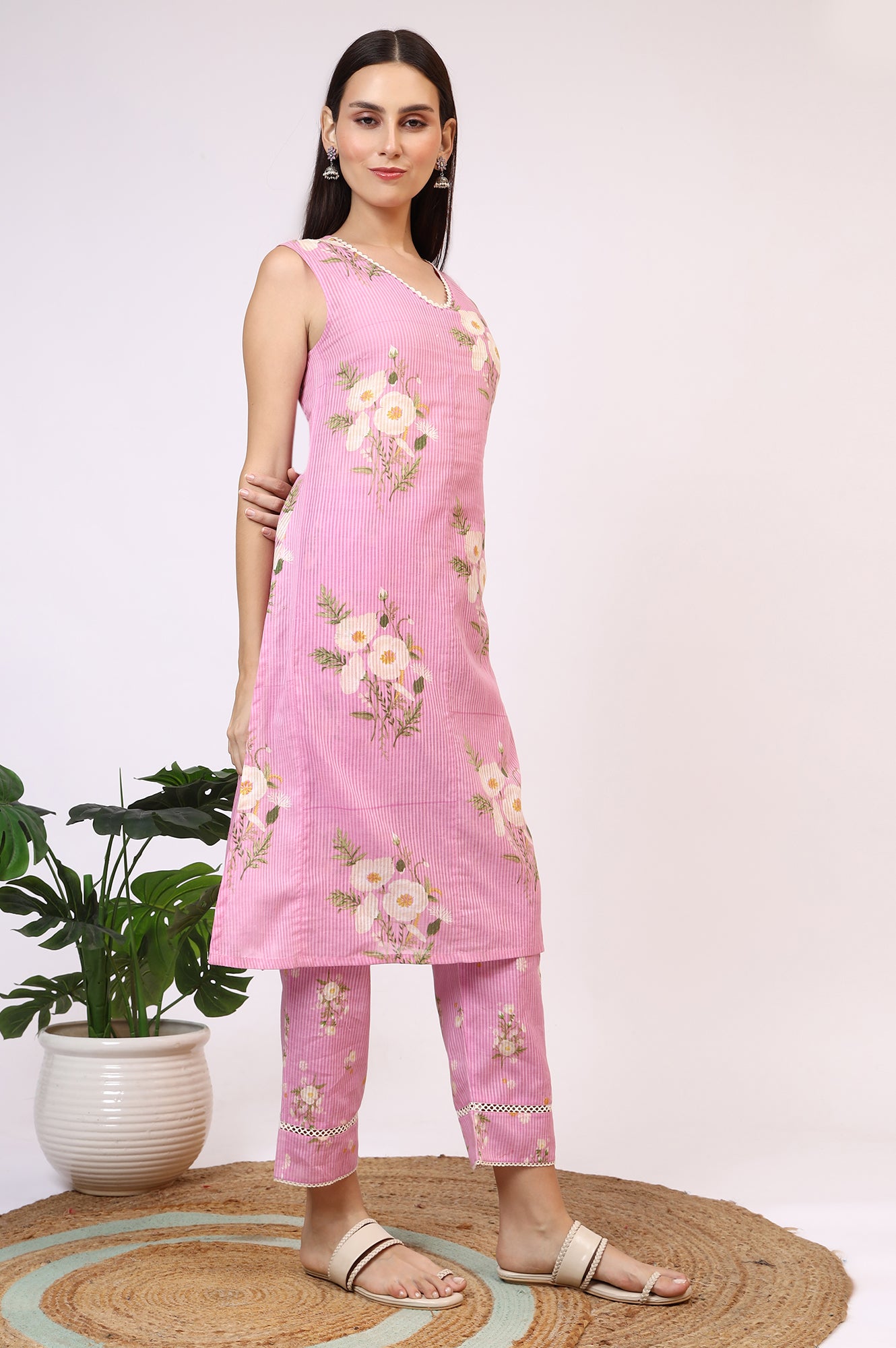 Lilac Floral Printed Pure Cotton Straight Kurta and Pants Co-ord Set