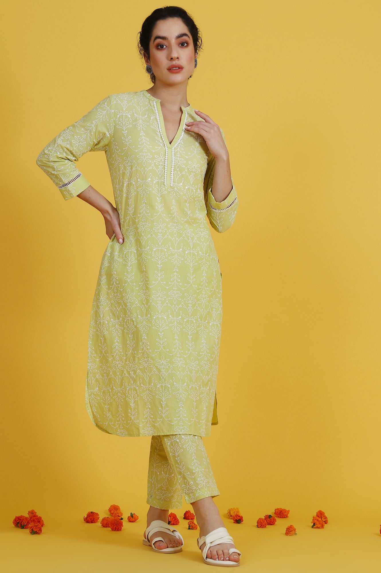 Embroidered Lace Pure Cotton Straight Kurta & Straight pant Set