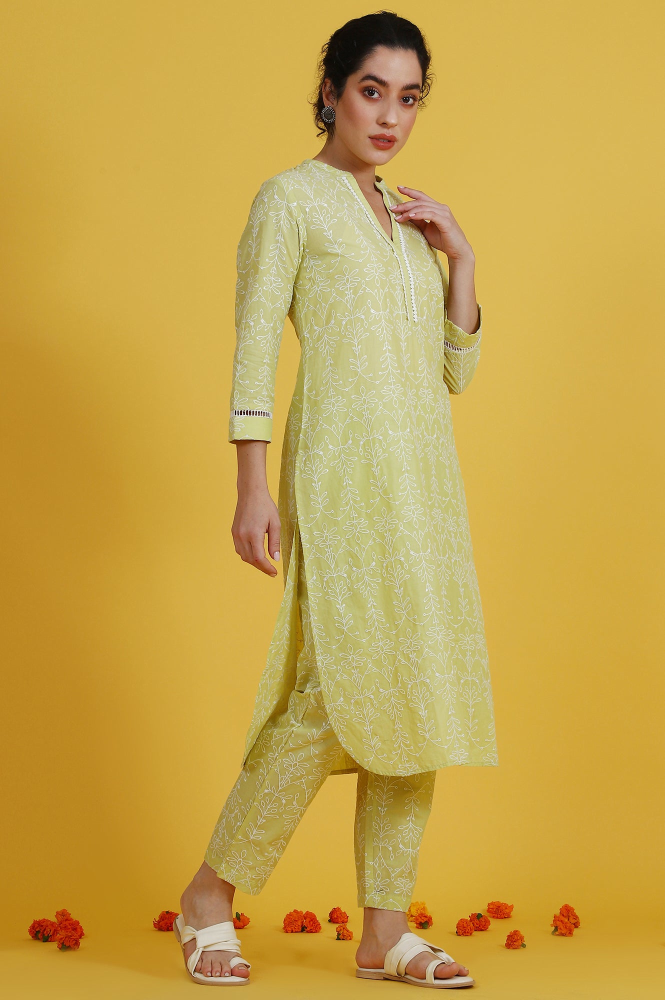 Embroidered Lace Pure Cotton Straight Kurta & Straight pant Set