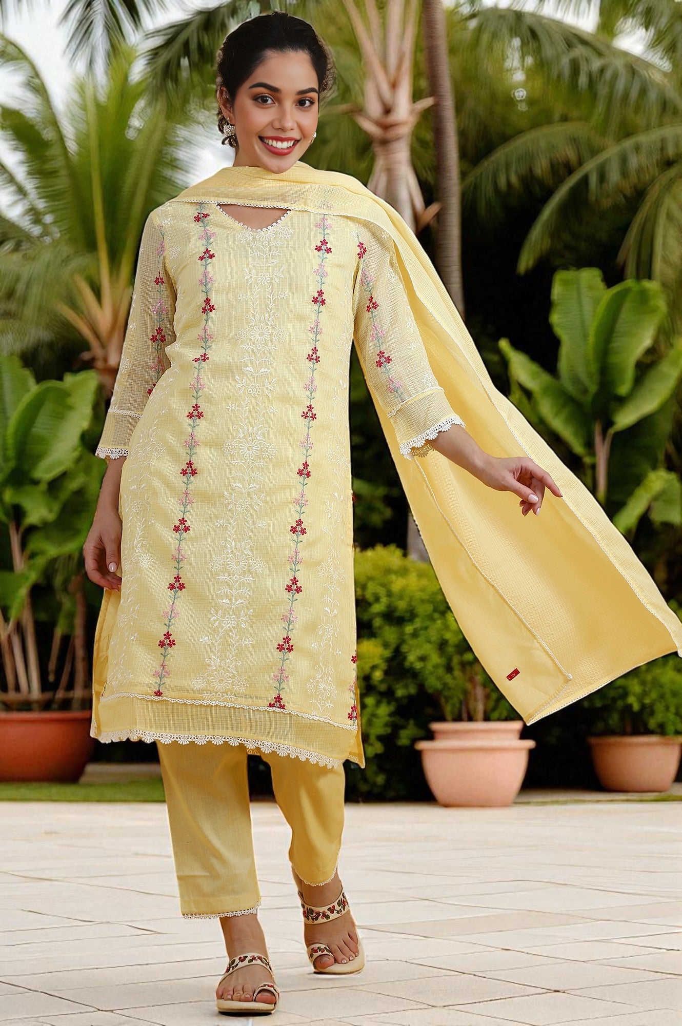 Yellow Embroidered Lace Kota Straight Kurta & Straight Pant With Dupatta Set