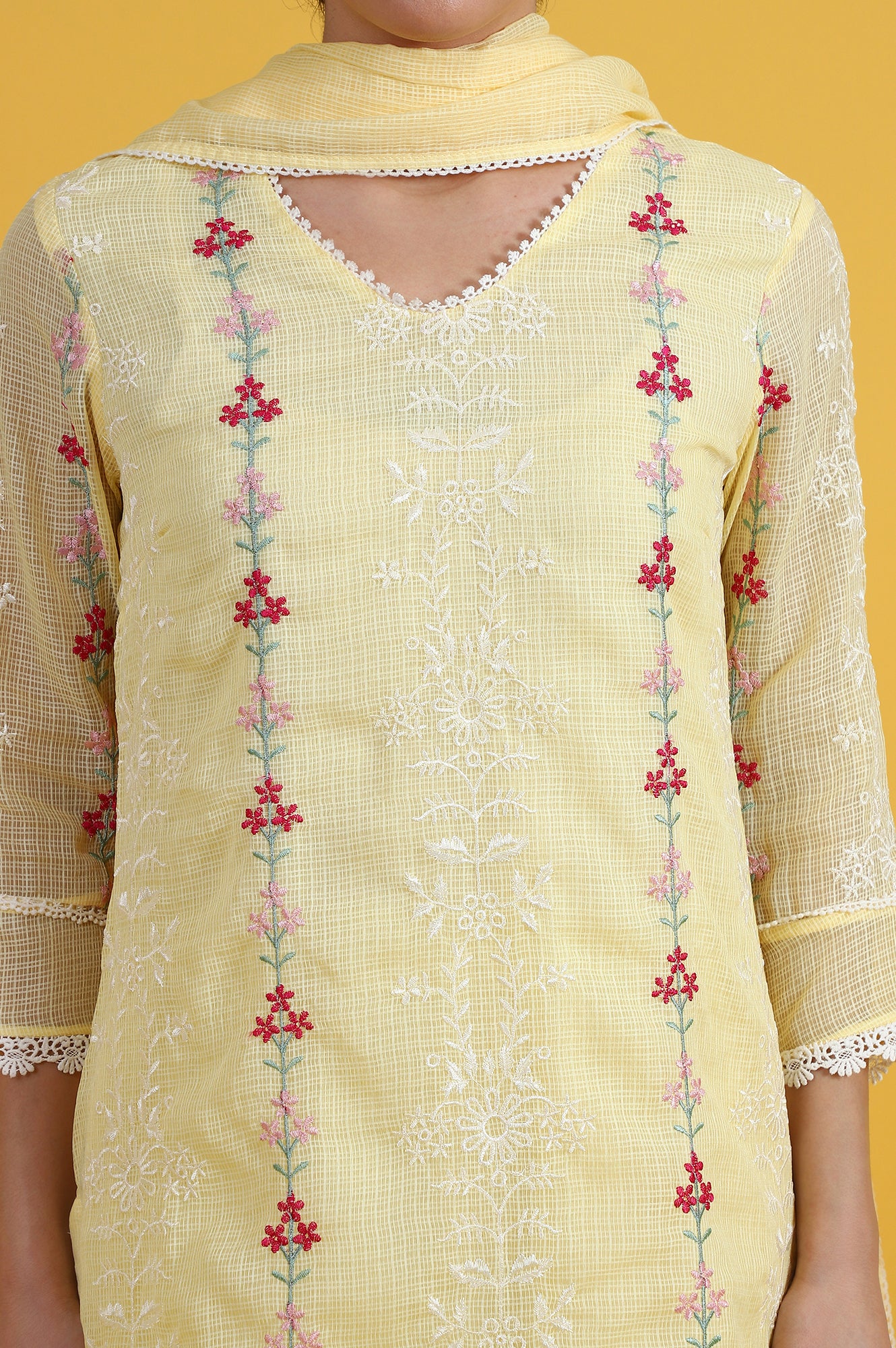 Yellow Embroidered Lace Kota Straight Kurta & Straight Pant With Dupatta Set