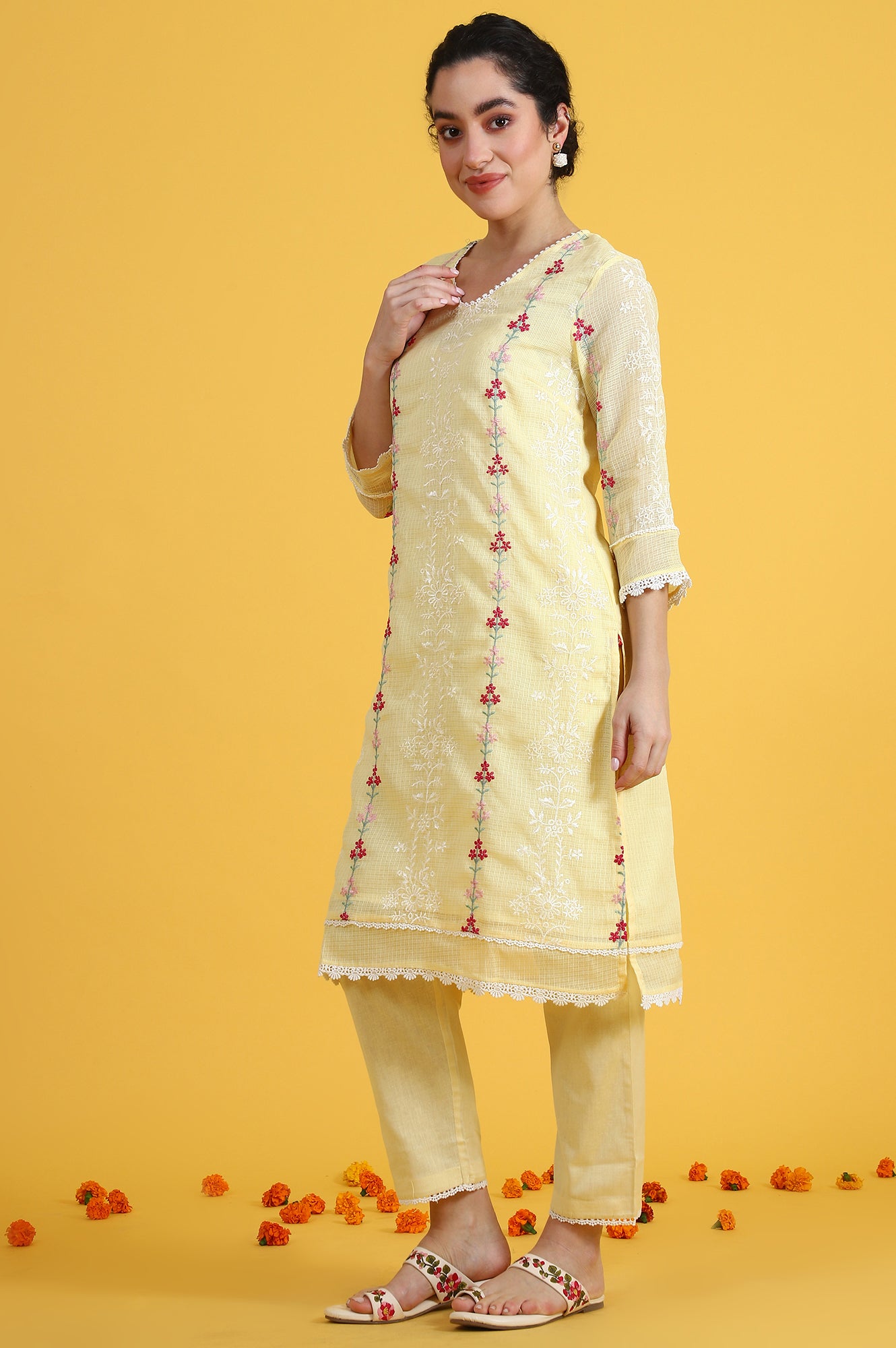 Yellow Embroidered Lace Kota Straight Kurta & Straight Pant With Dupatta Set