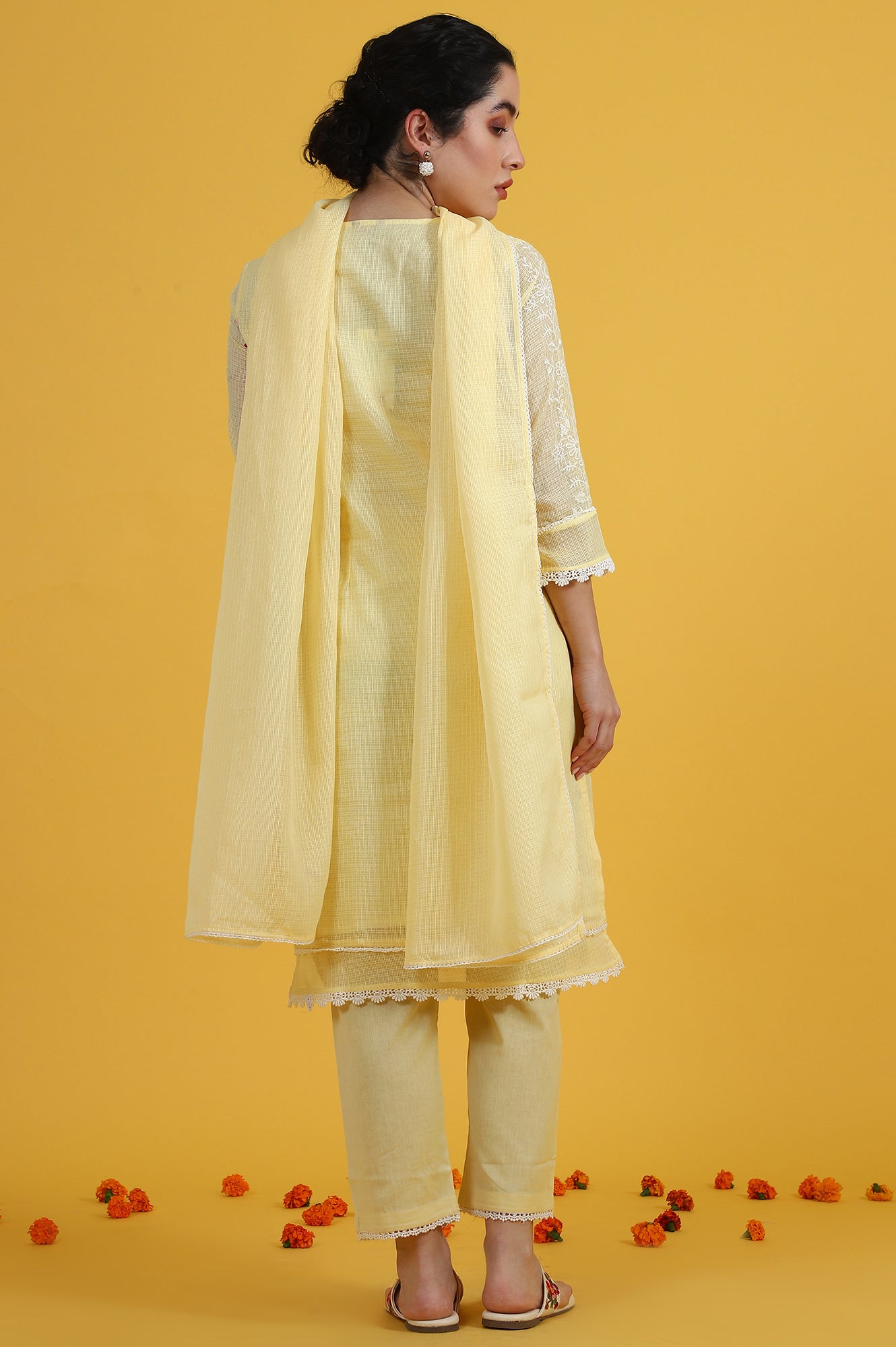 Yellow Embroidered Lace Kota Straight Kurta & Straight Pant With Dupatta Set