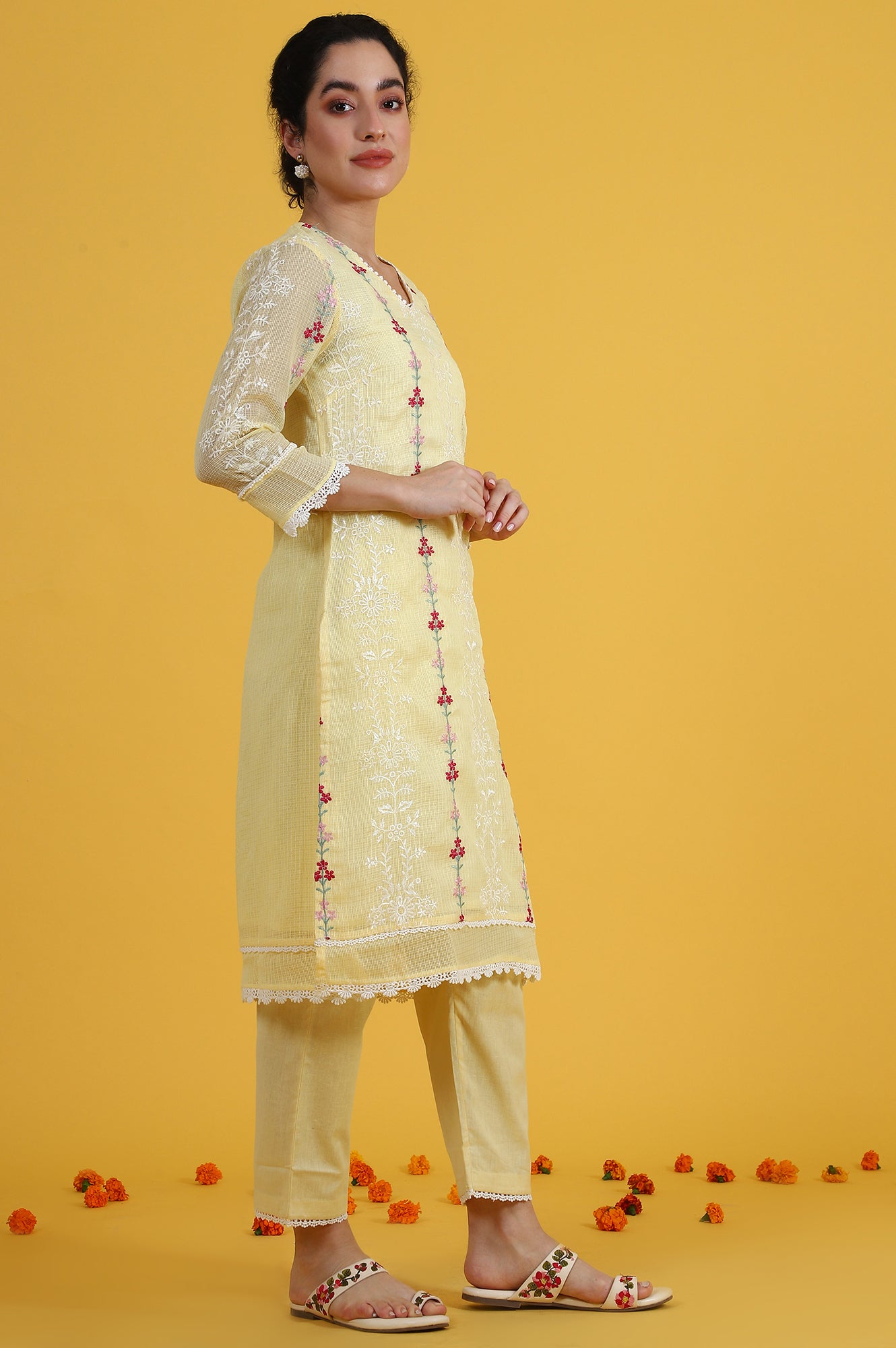 Yellow Embroidered Lace Kota Straight Kurta & Straight Pant With Dupatta Set