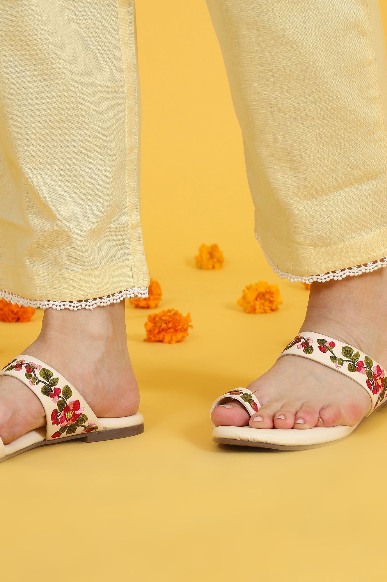 Yellow Embroidered Lace Kota Straight Kurta & Straight Pant With Dupatta Set