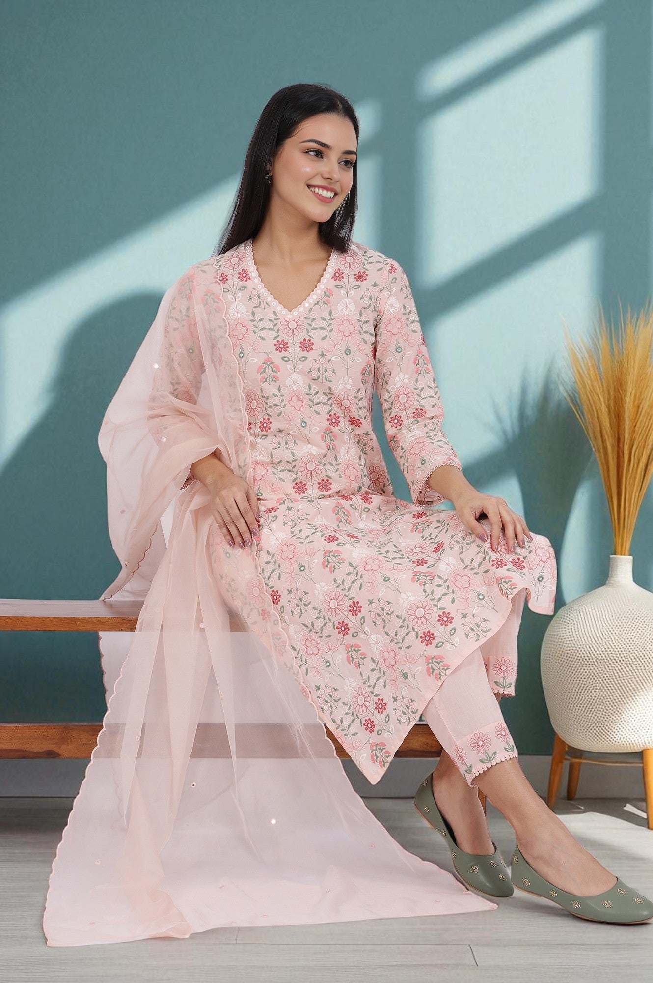 Pink Embroidered Lace Pure Cotton Straight Kurta & Straight Pant With Dupatta Set