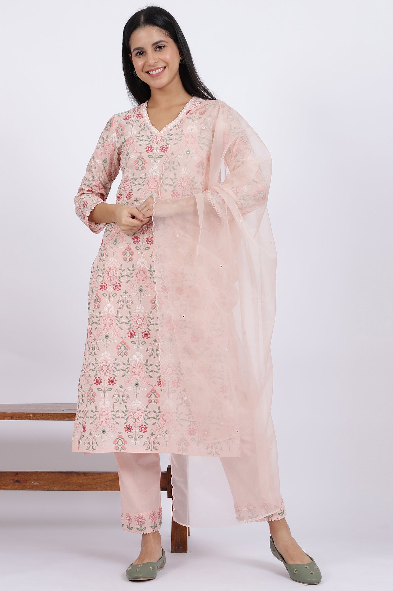Pink Embroidered Lace Pure Cotton Straight Kurta & Straight Pant With Dupatta Set