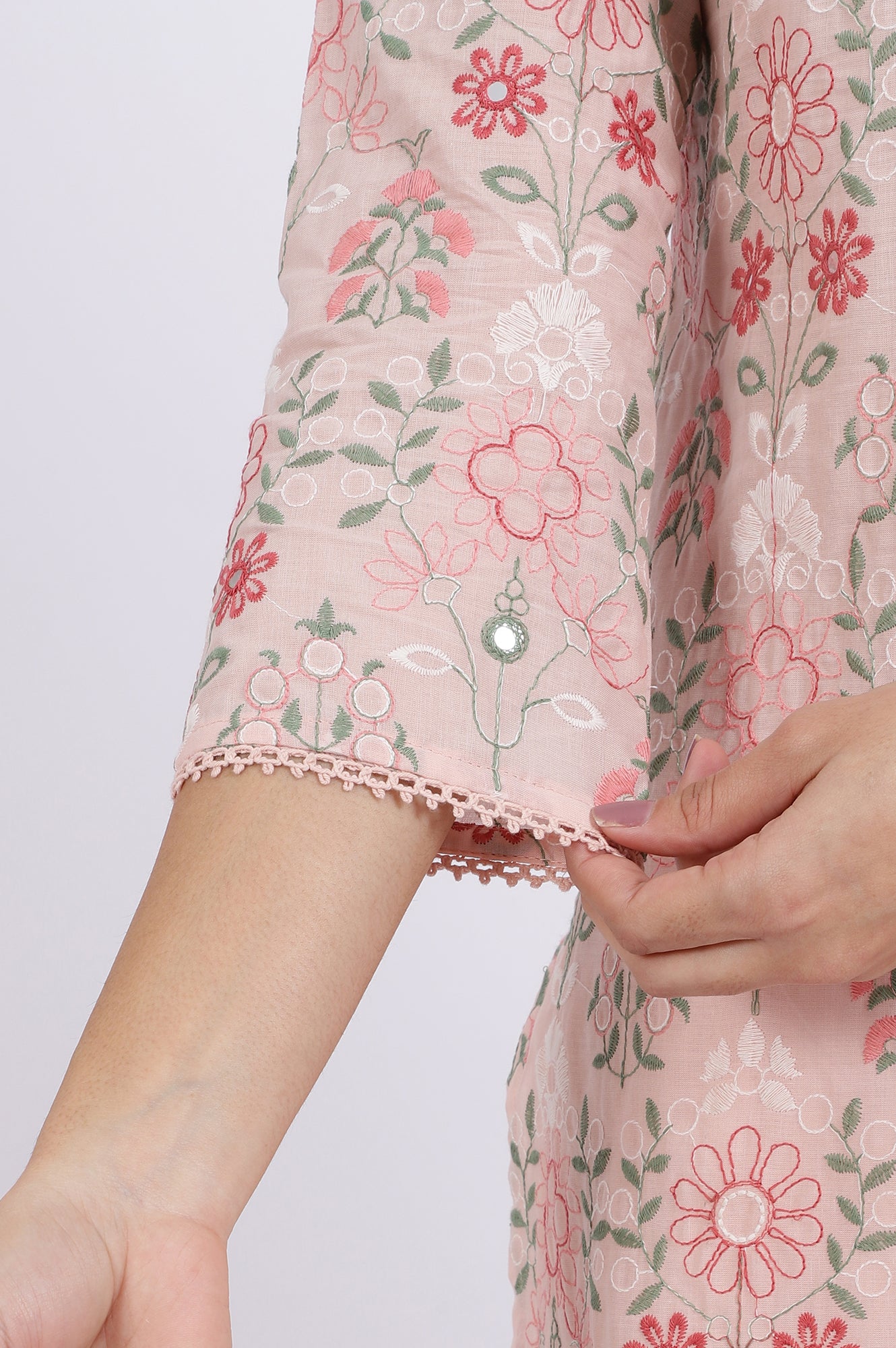 Pink Embroidered Lace Pure Cotton Straight Kurta & Straight Pant With Dupatta Set