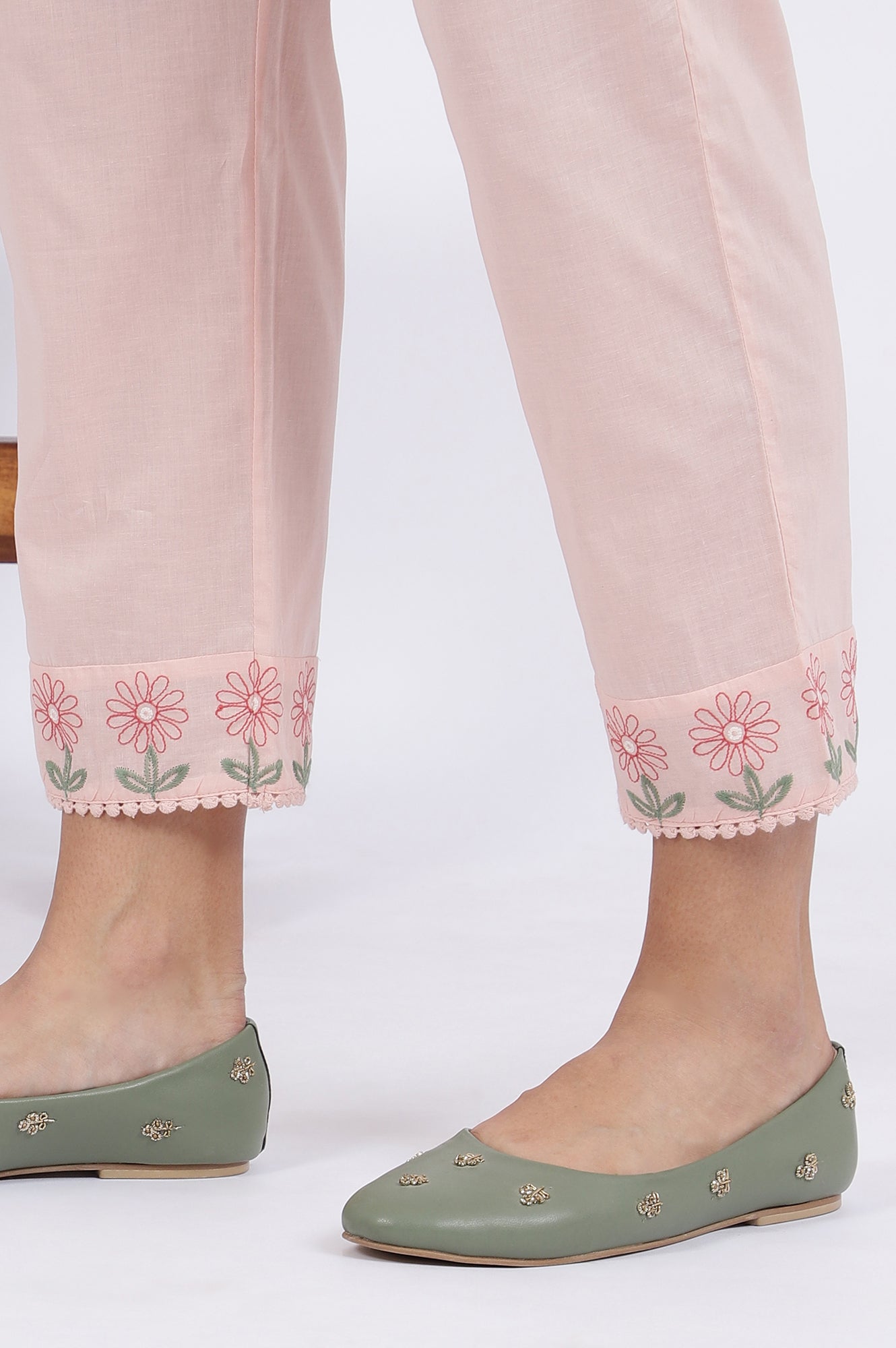 Pink Embroidered Lace Pure Cotton Straight Kurta & Straight Pant With Dupatta Set