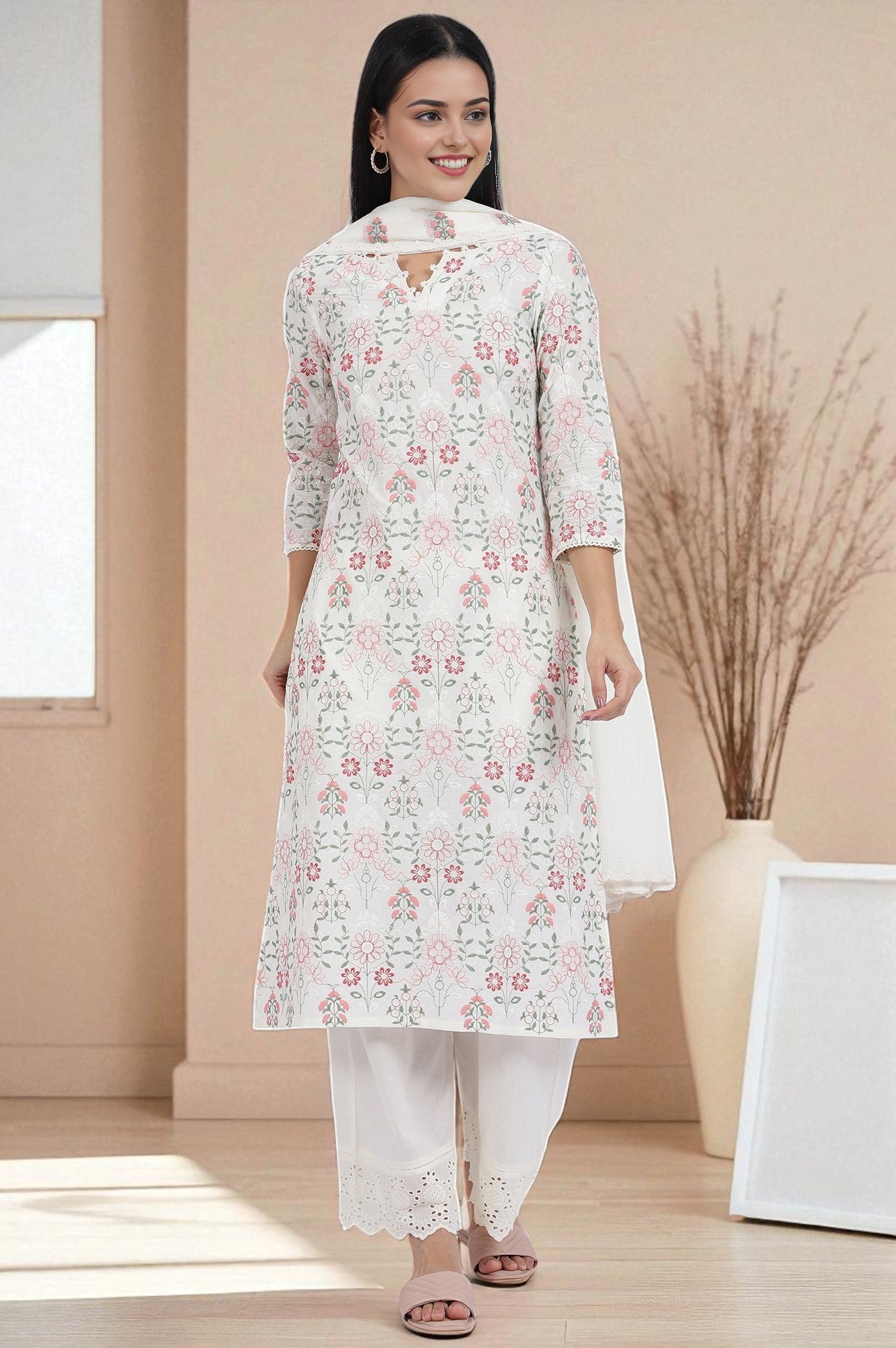 White Flora Printed Lace Pure Cotton Straight Kurta & Parallel Pants With Dupatta Set