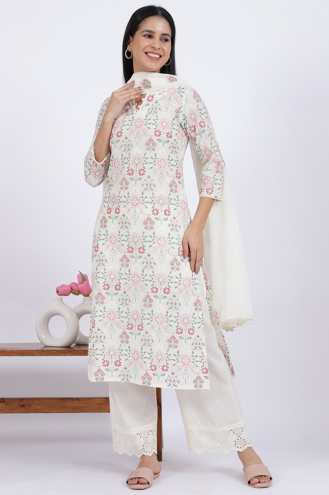 White Flora Printed Lace Pure Cotton Straight Kurta & Parallel Pants With Dupatta Set
