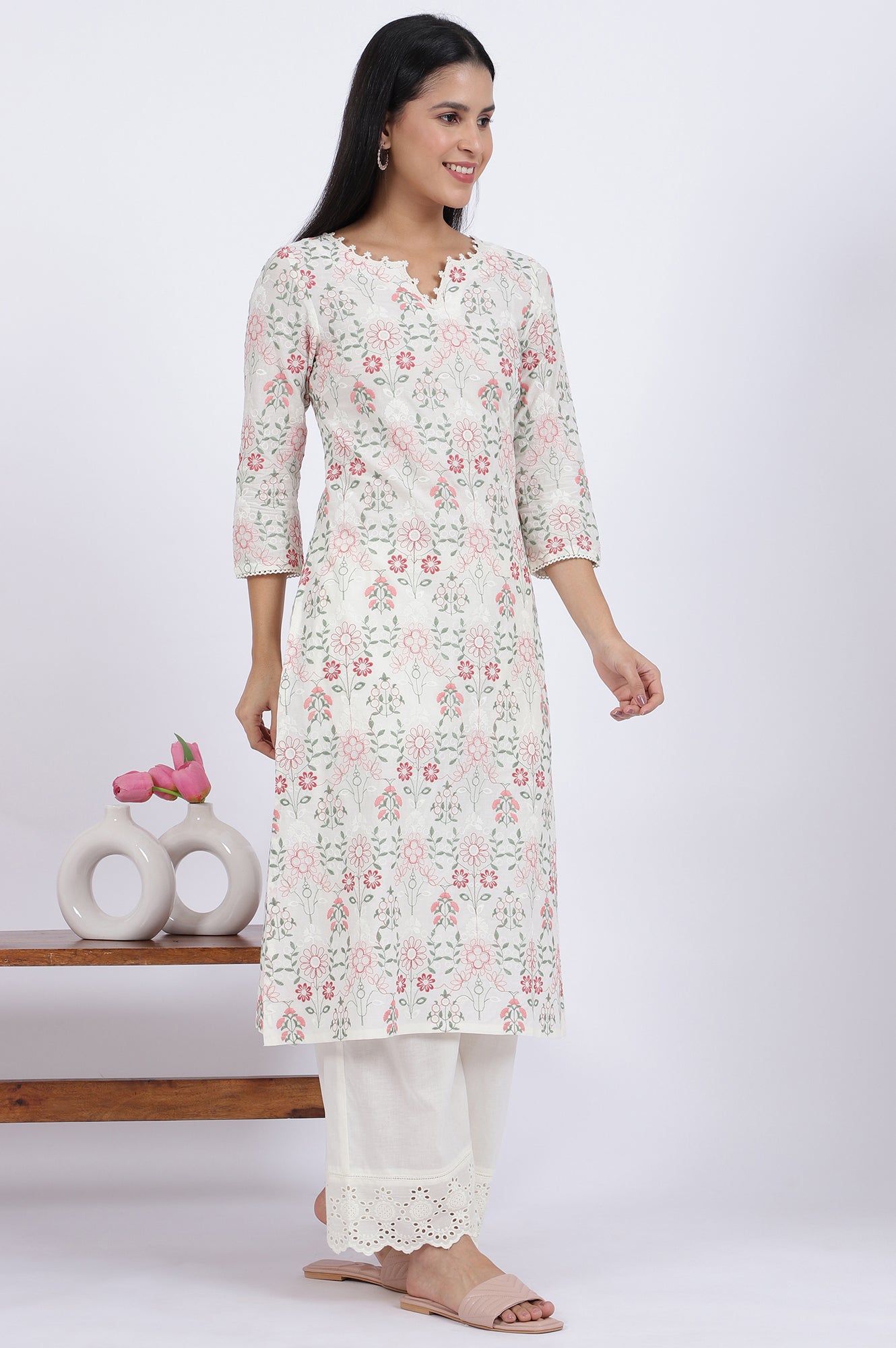 White Flora Printed Lace Pure Cotton Straight Kurta & Parallel Pants With Dupatta Set