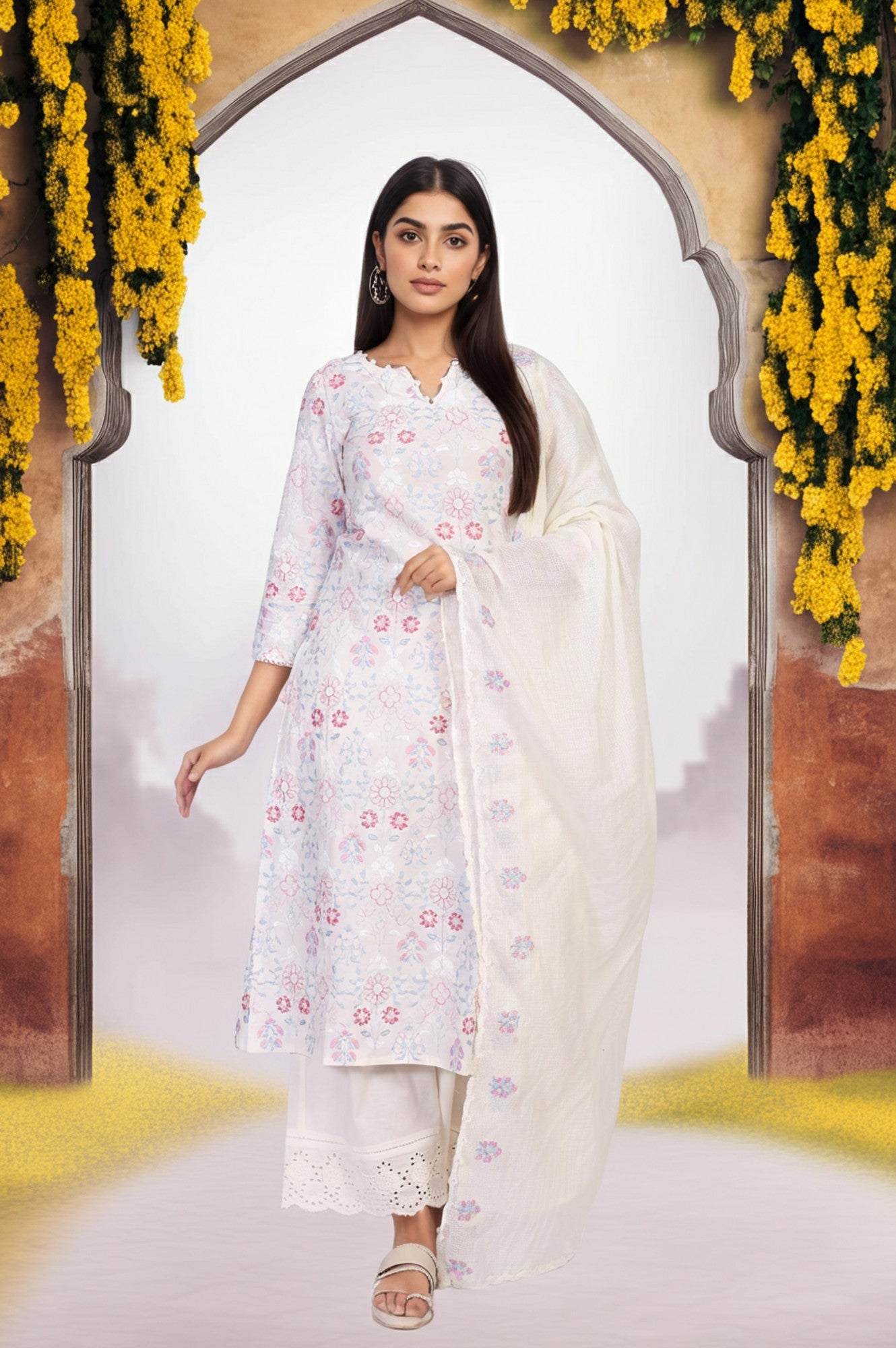 Off-White Embroidered Lace Trim Straight Cotton Kurta with Flared Pant and Dupatta Set