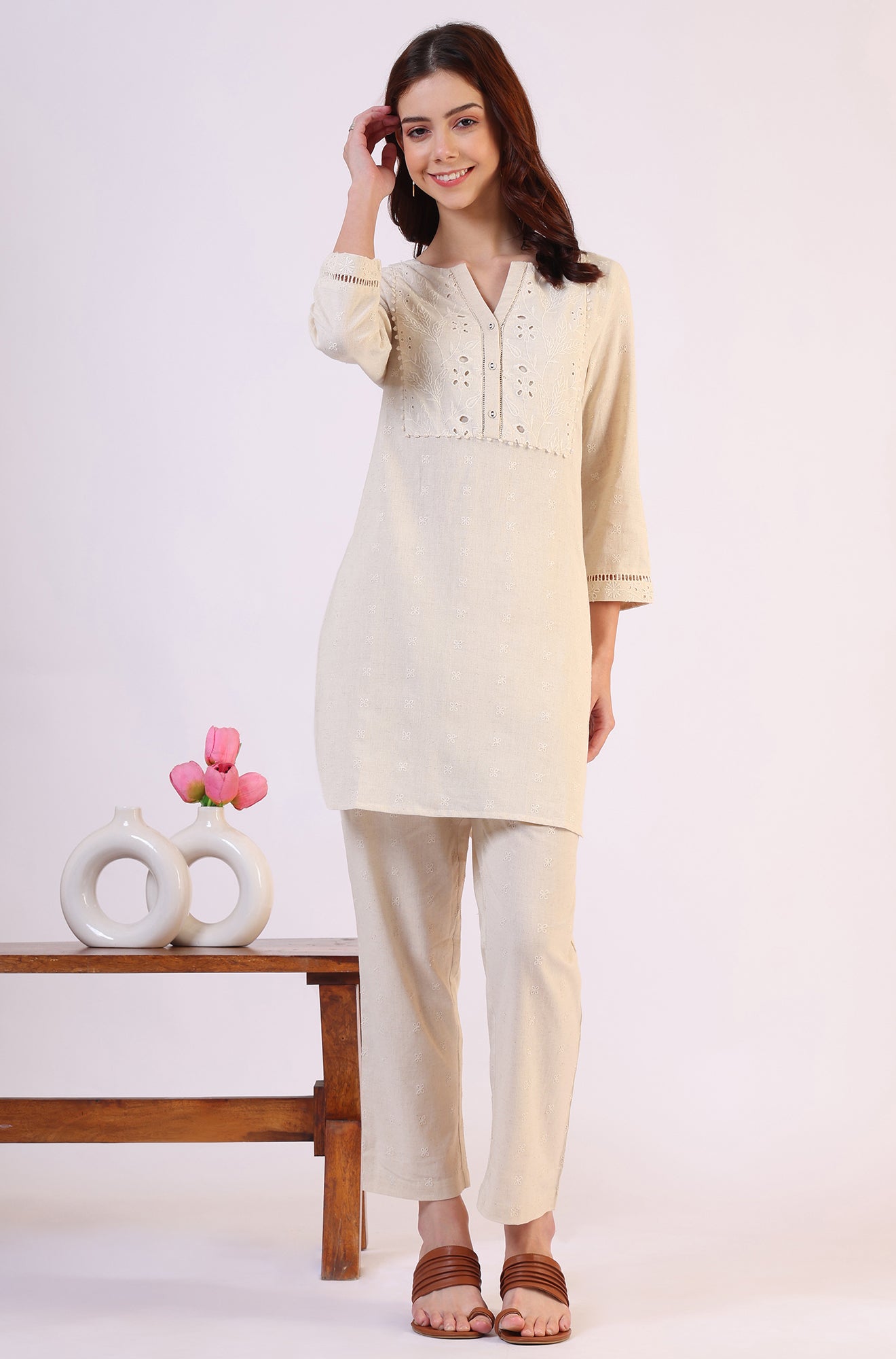 Light Beige Schiffili Embroidered Cotton Flax Short Kurta and Straight Pants Co-ord Set