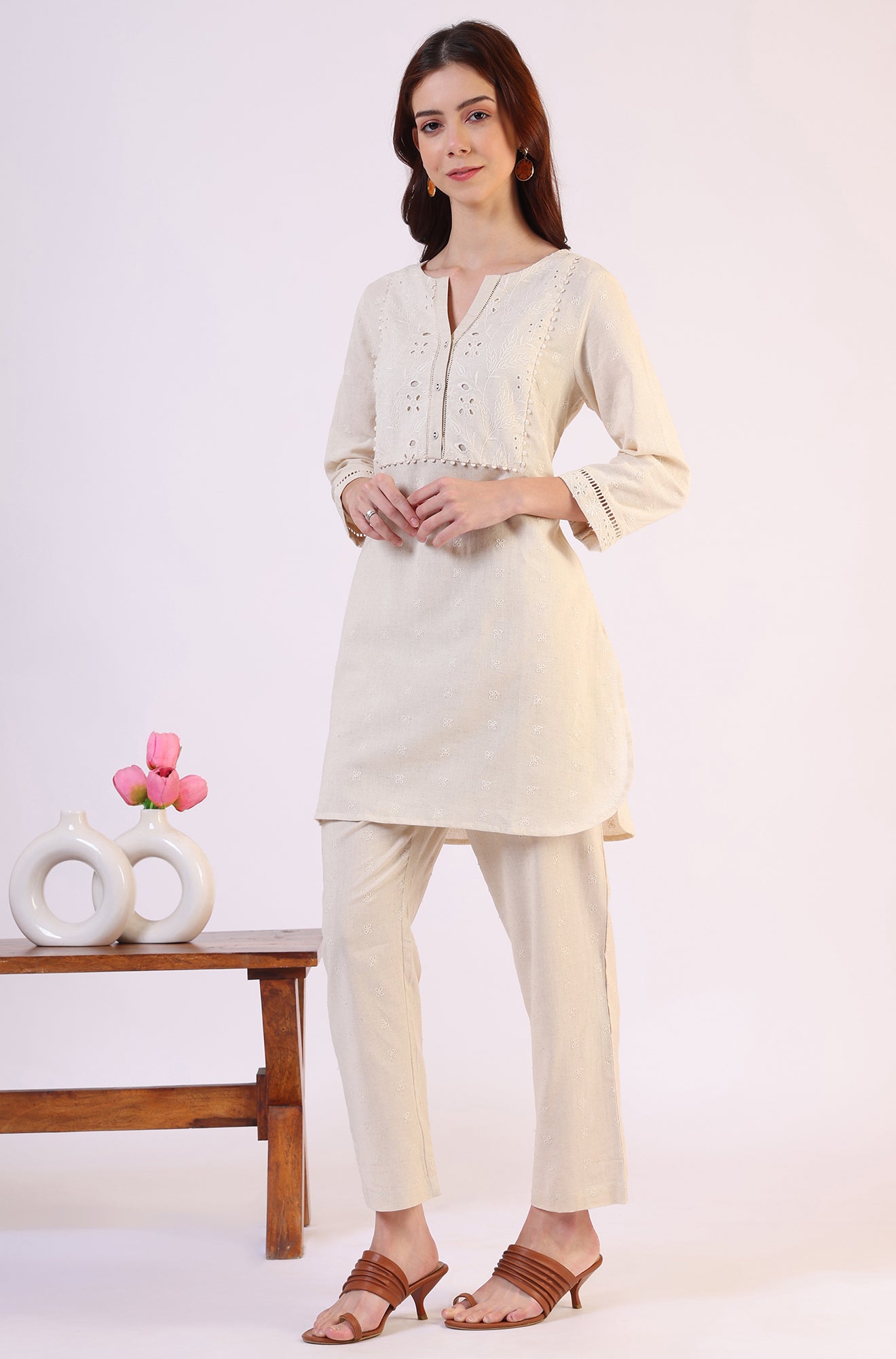 Light Beige Schiffili Embroidered Cotton Flax Short Kurta and Straight Pants Co-ord Set
