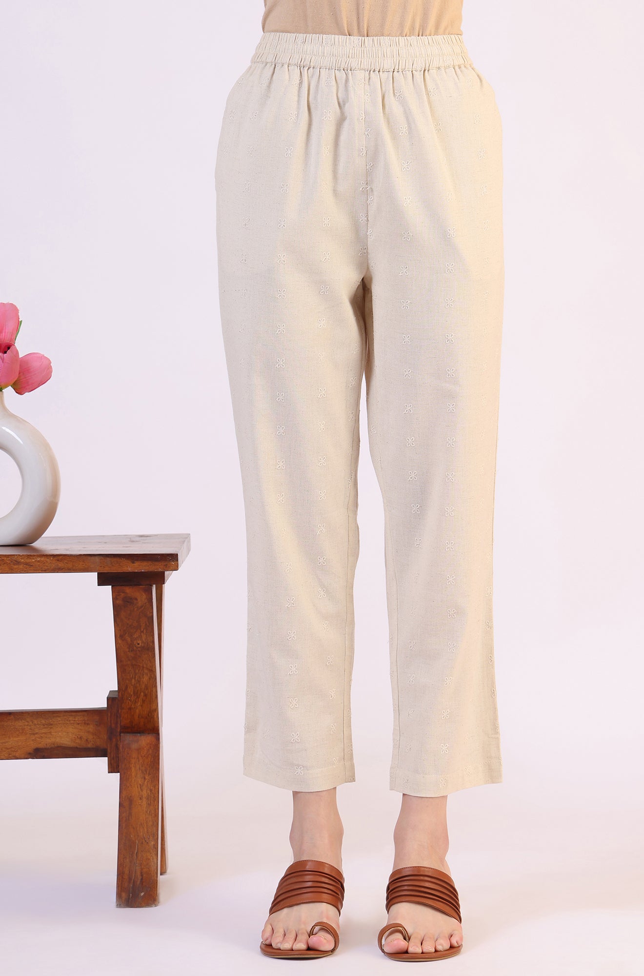 Light Beige Schiffili Embroidered Cotton Flax Short Kurta and Straight Pants Co-ord Set