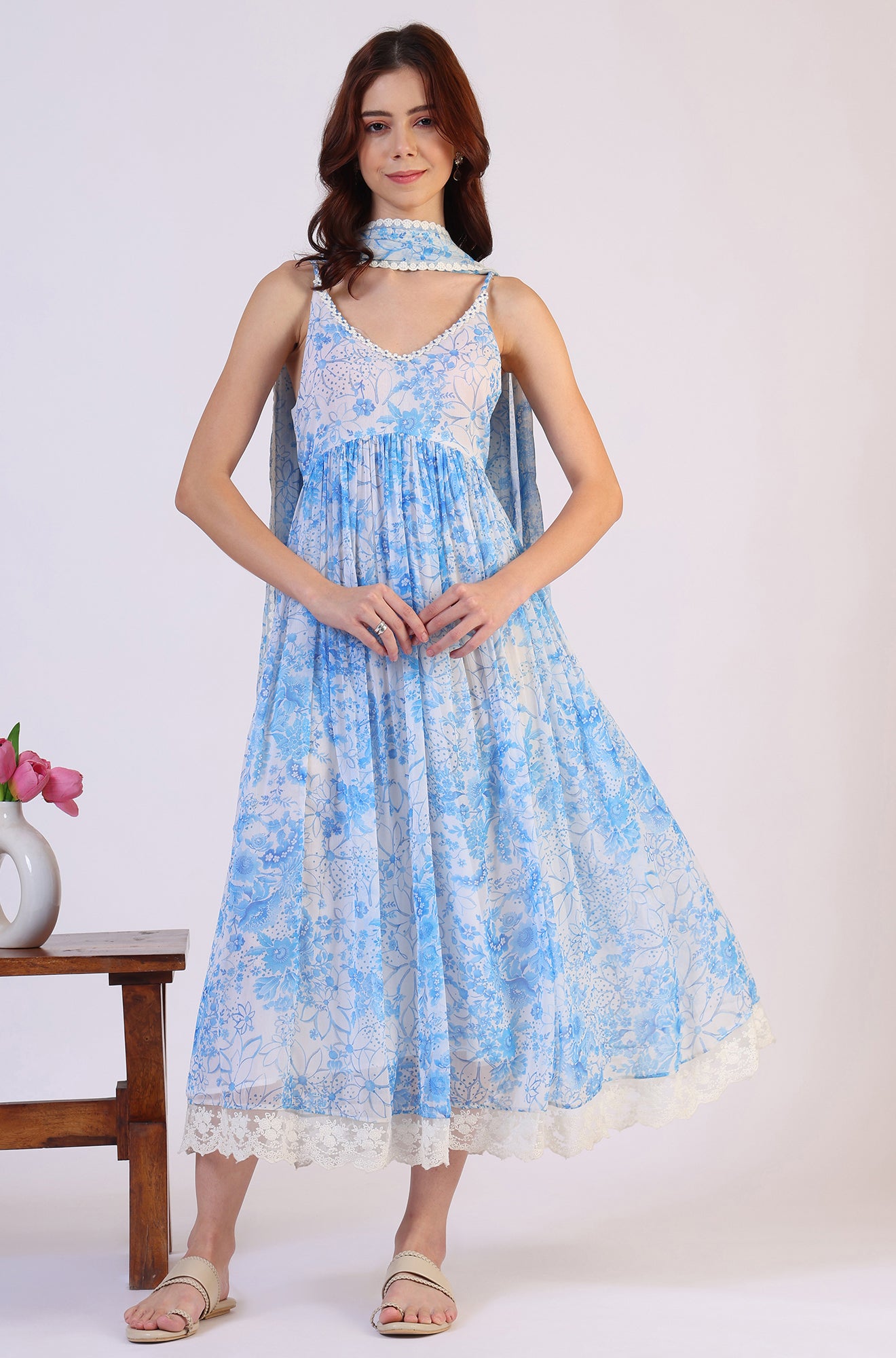 Floral Printed Lace Flared Chiffon Spaghetti Kurta with Dupatta Set