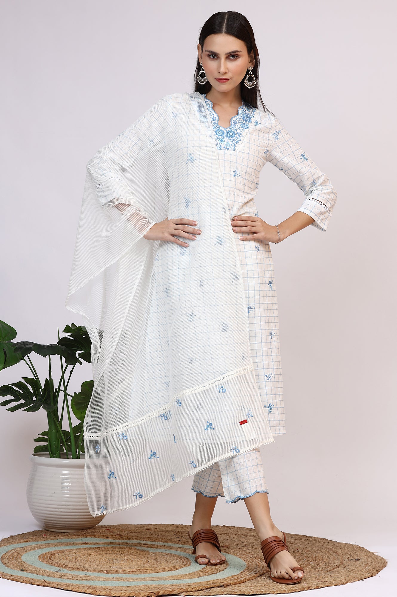 White Embroidered Checker Pure Cotton Straight Kurta, Pants and Dupatta Set