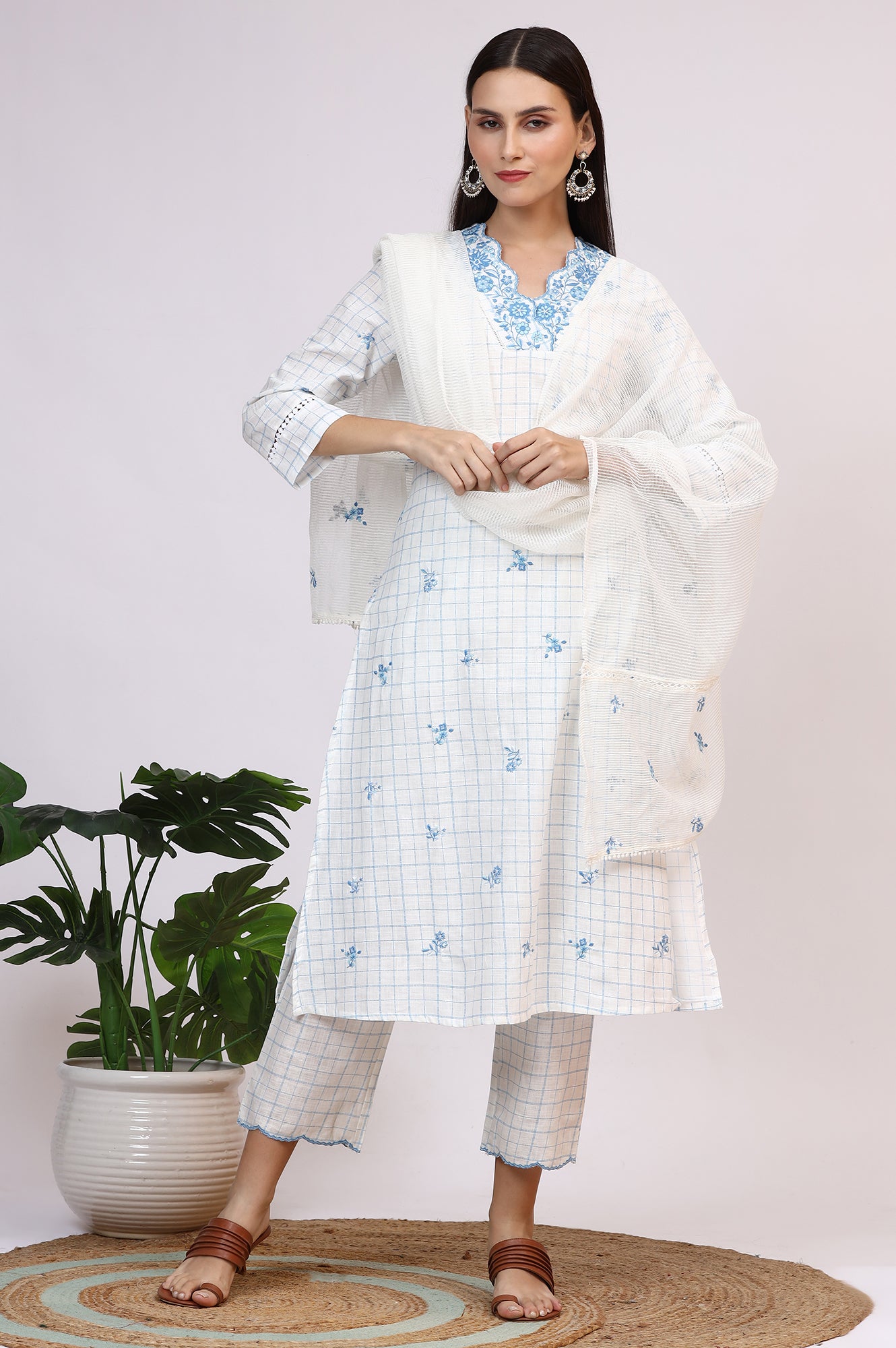 White Embroidered Checker Pure Cotton Straight Kurta, Pants and Dupatta Set
