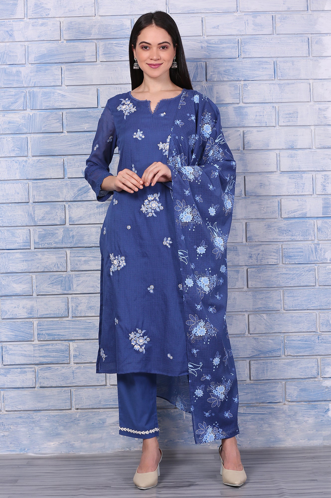 Blue Embroidered Kota Straight Kurta, Pants and Dupatta Set