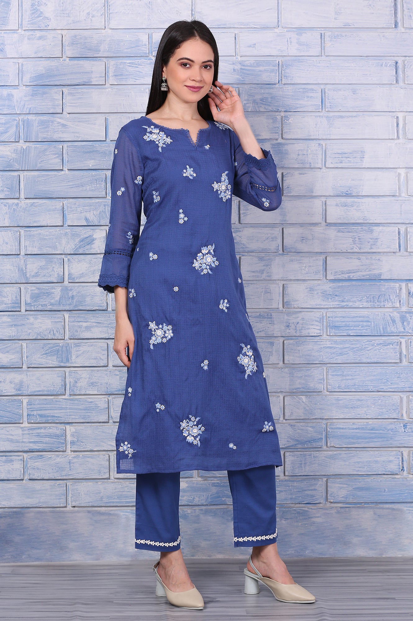 Blue Embroidered Kota Straight Kurta, Pants and Dupatta Set