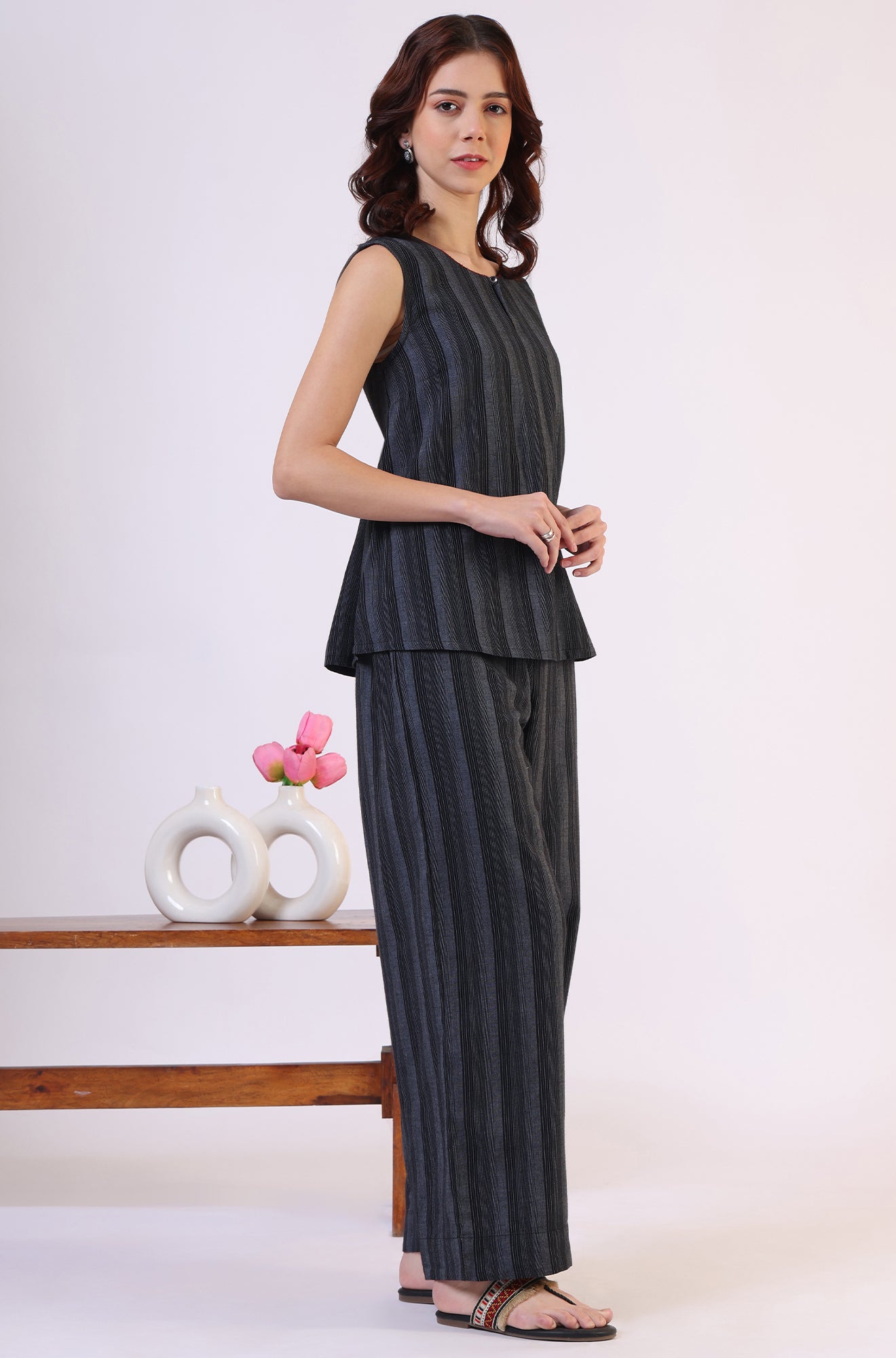 Black Yarn Dyed Striped Sleeveless Top and Pants Co-ord Set