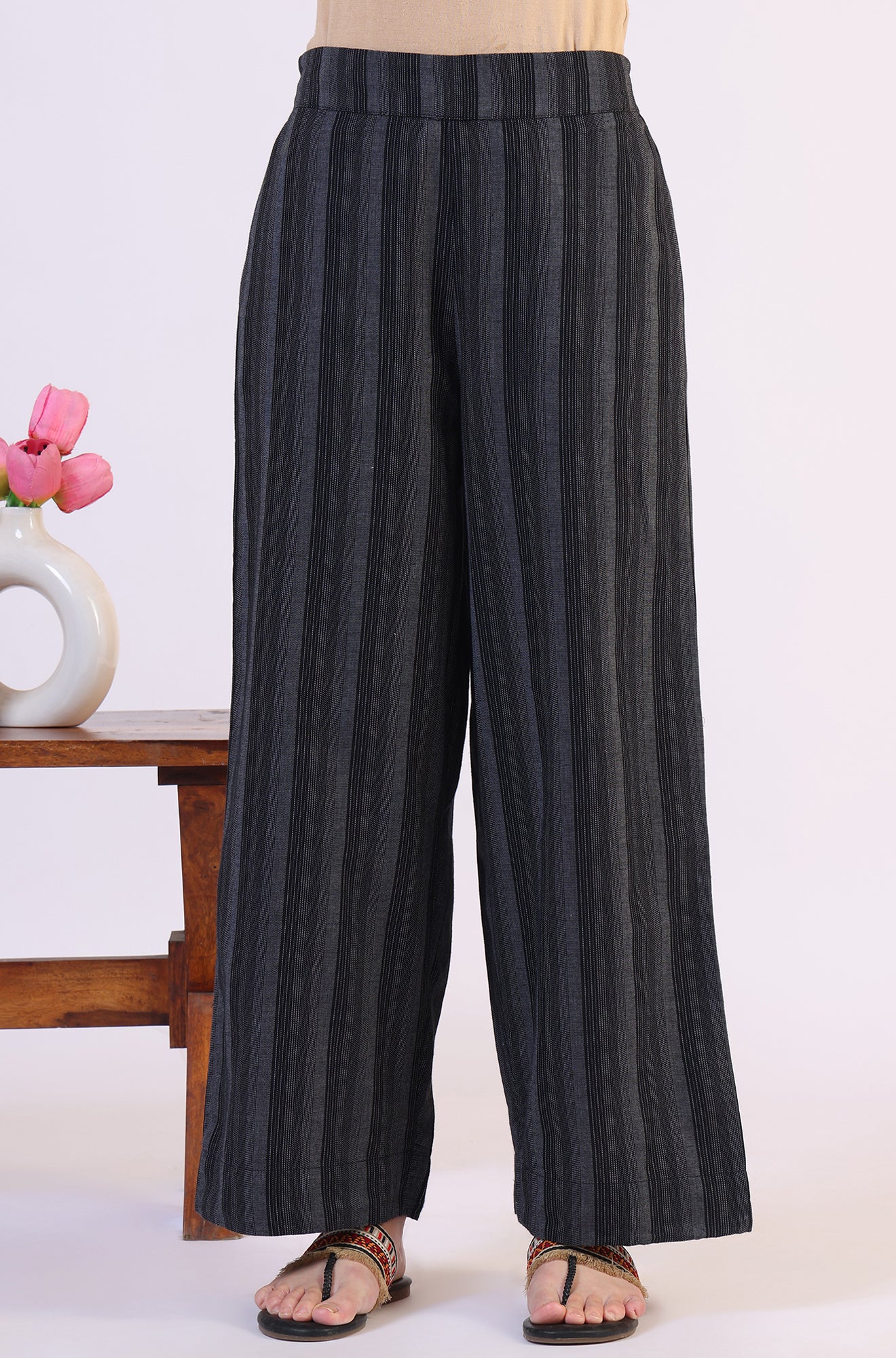 Black Yarn Dyed Striped Sleeveless Top and Pants Co-ord Set