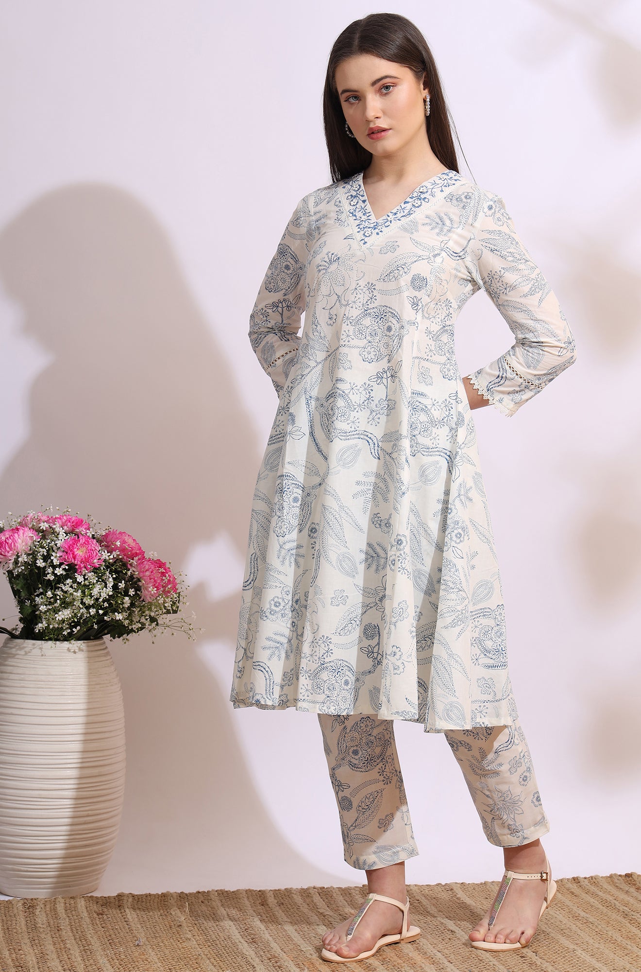 White Floral Printed Pure Cotton Anarkali Kurta, Pants Set with Dupatta