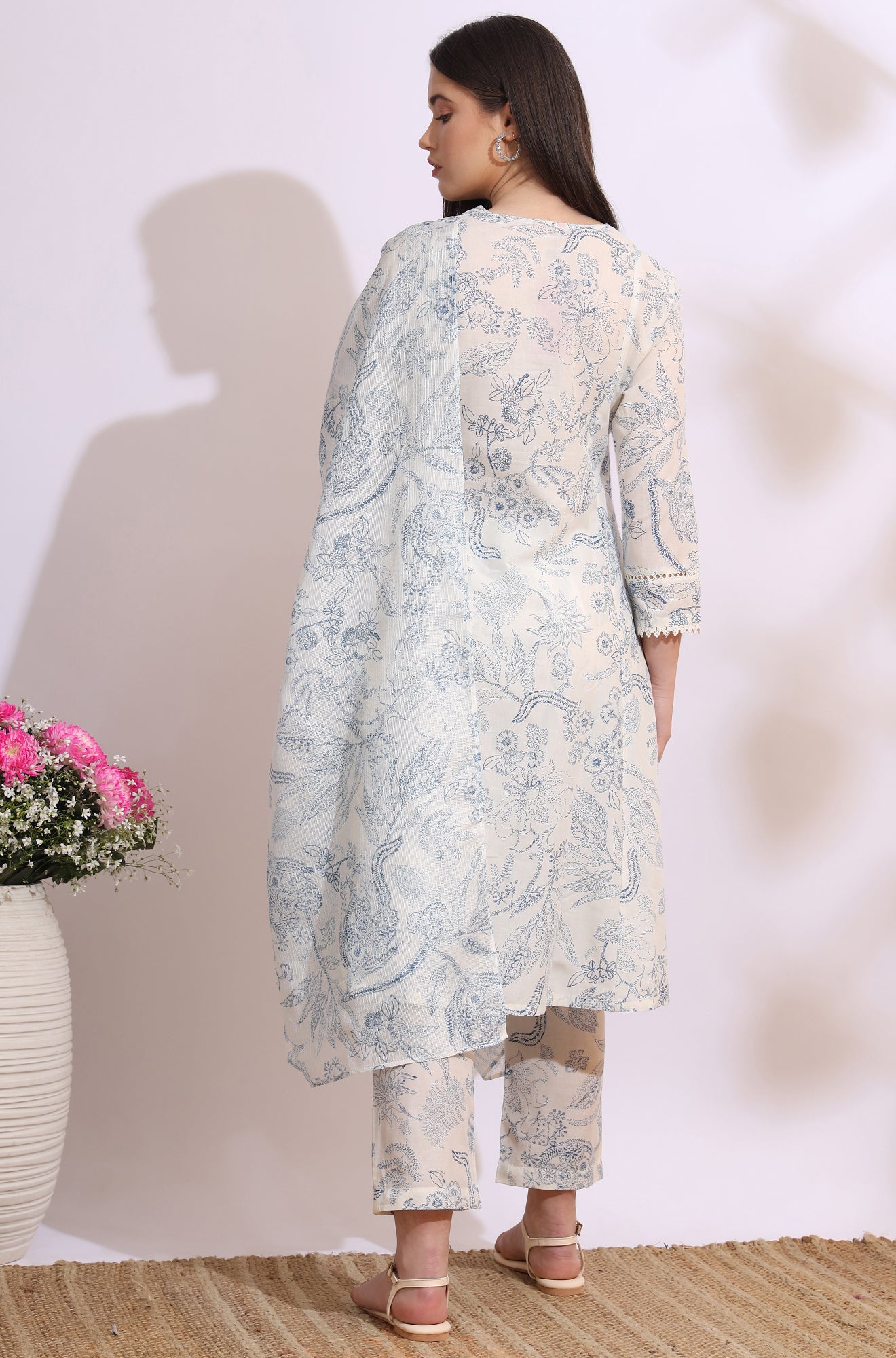 White Floral Printed Pure Cotton Anarkali Kurta, Pants Set with Dupatta