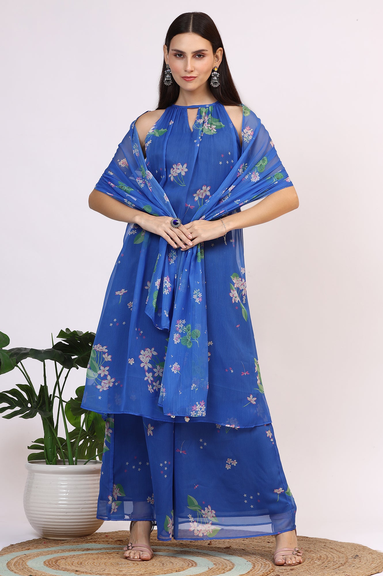 Blue Floral Printed Halter Neck Chiffon Kurta with Flared Pants and Dupatta Set