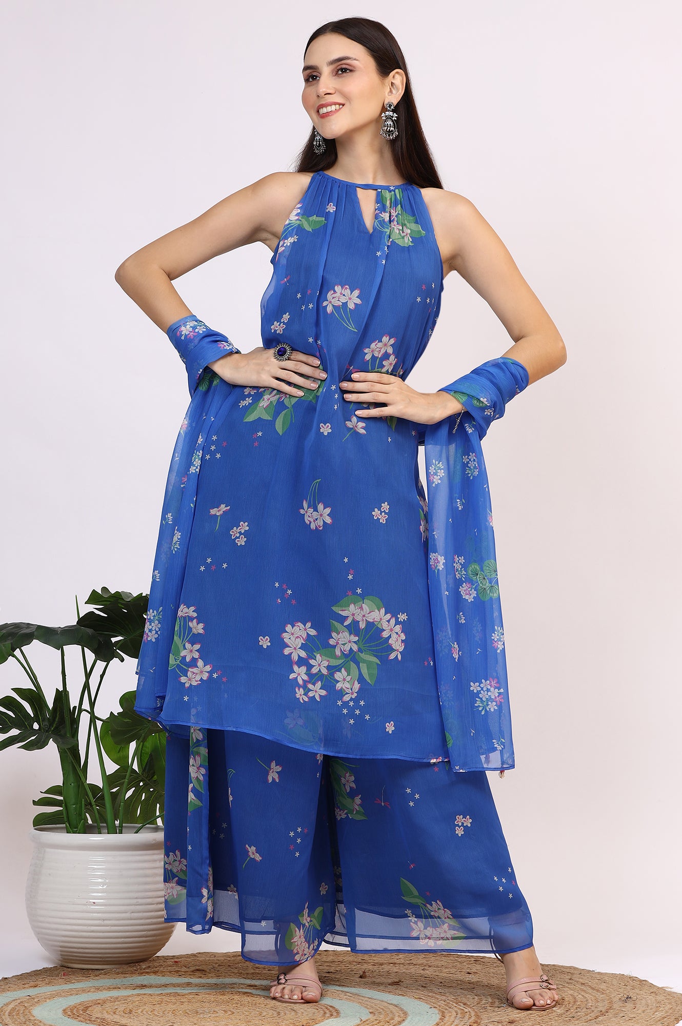 Blue Floral Printed Halter Neck Chiffon Kurta with Flared Pants and Dupatta Set