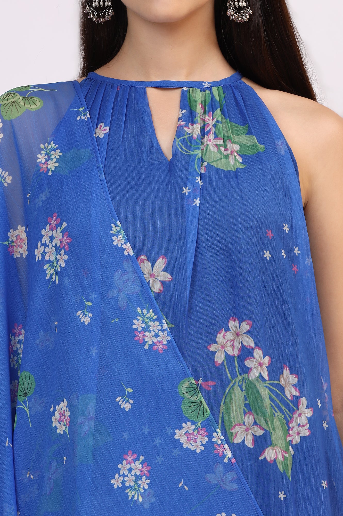 Blue Floral Printed Halter Neck Chiffon Kurta with Flared Pants and Dupatta Set