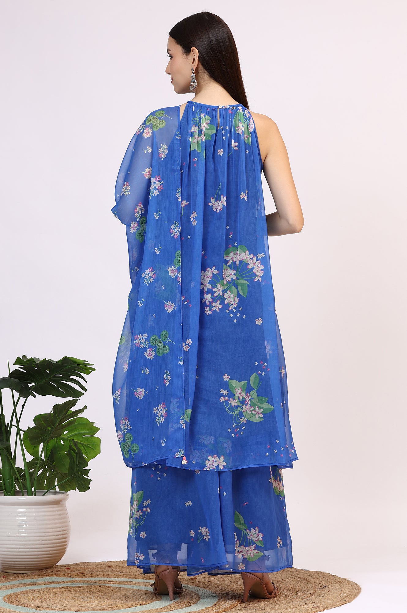 Blue Floral Printed Halter Neck Chiffon Kurta with Flared Pants and Dupatta Set